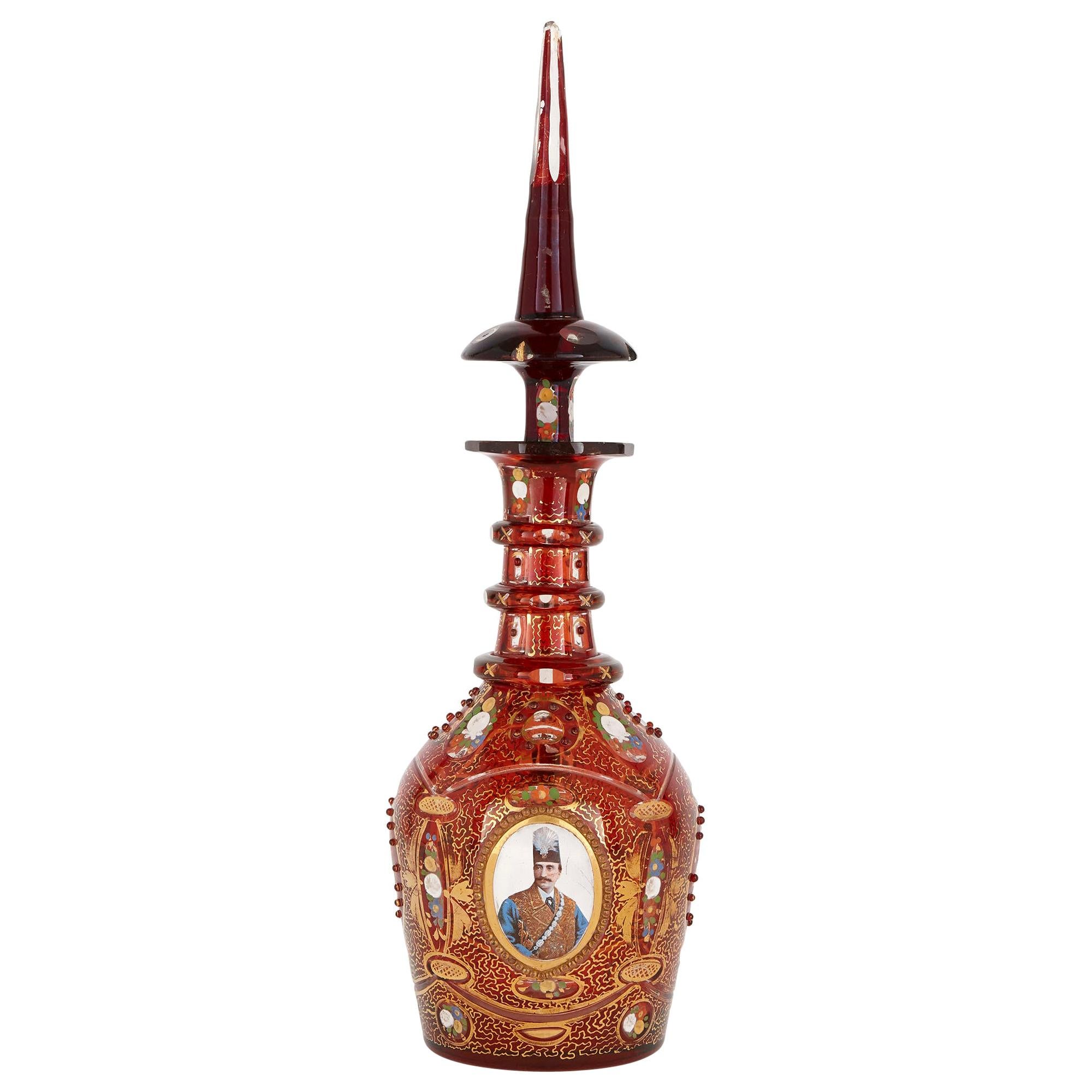 Antique Gilt and Enamelled Ruby Red Glass Decanter For Sale
