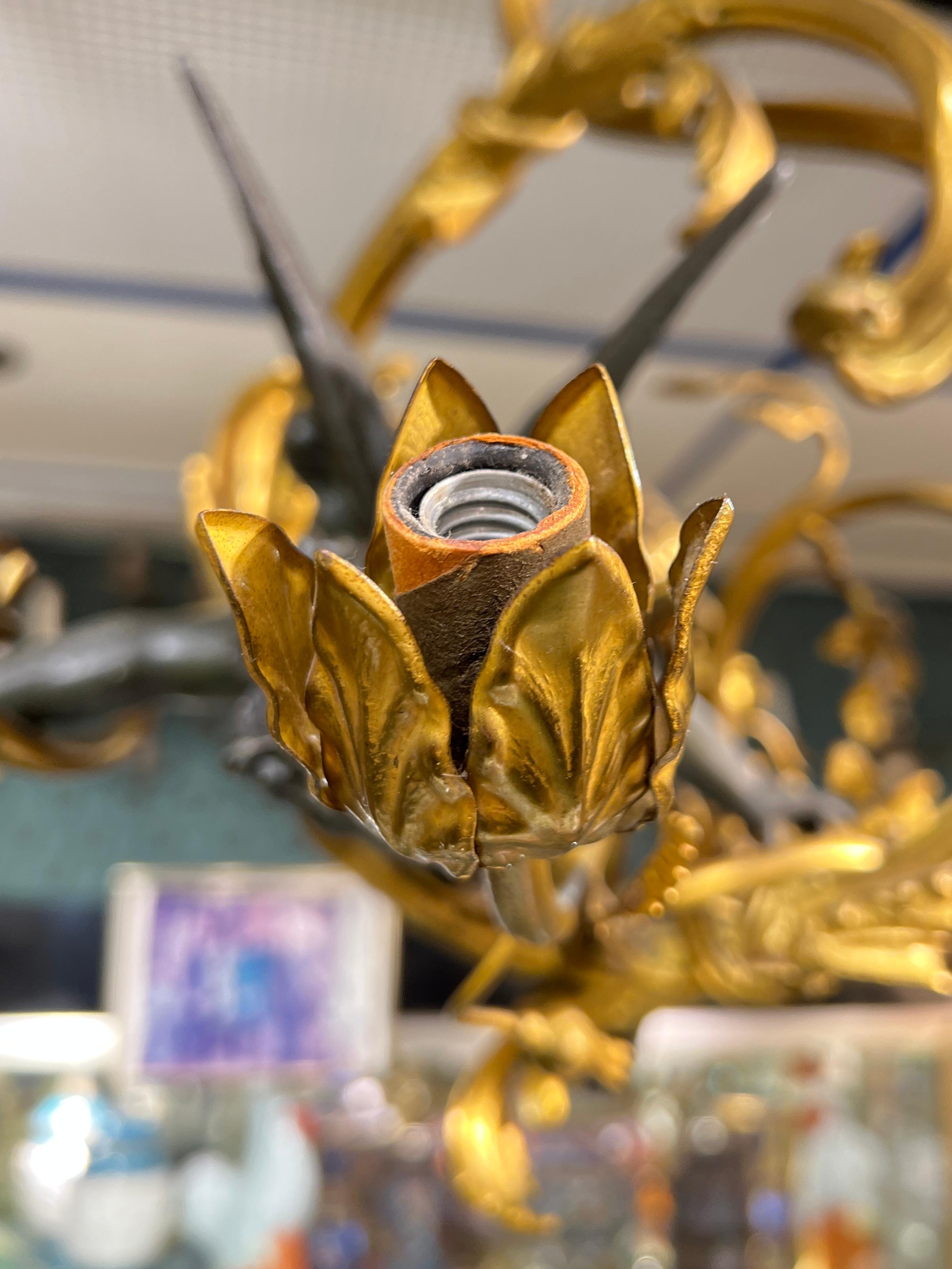 Antique Gilt and Patinated Bronze 3-Light Chandelier with Cupid Angel Cherub In Good Condition For Sale In New York, NY