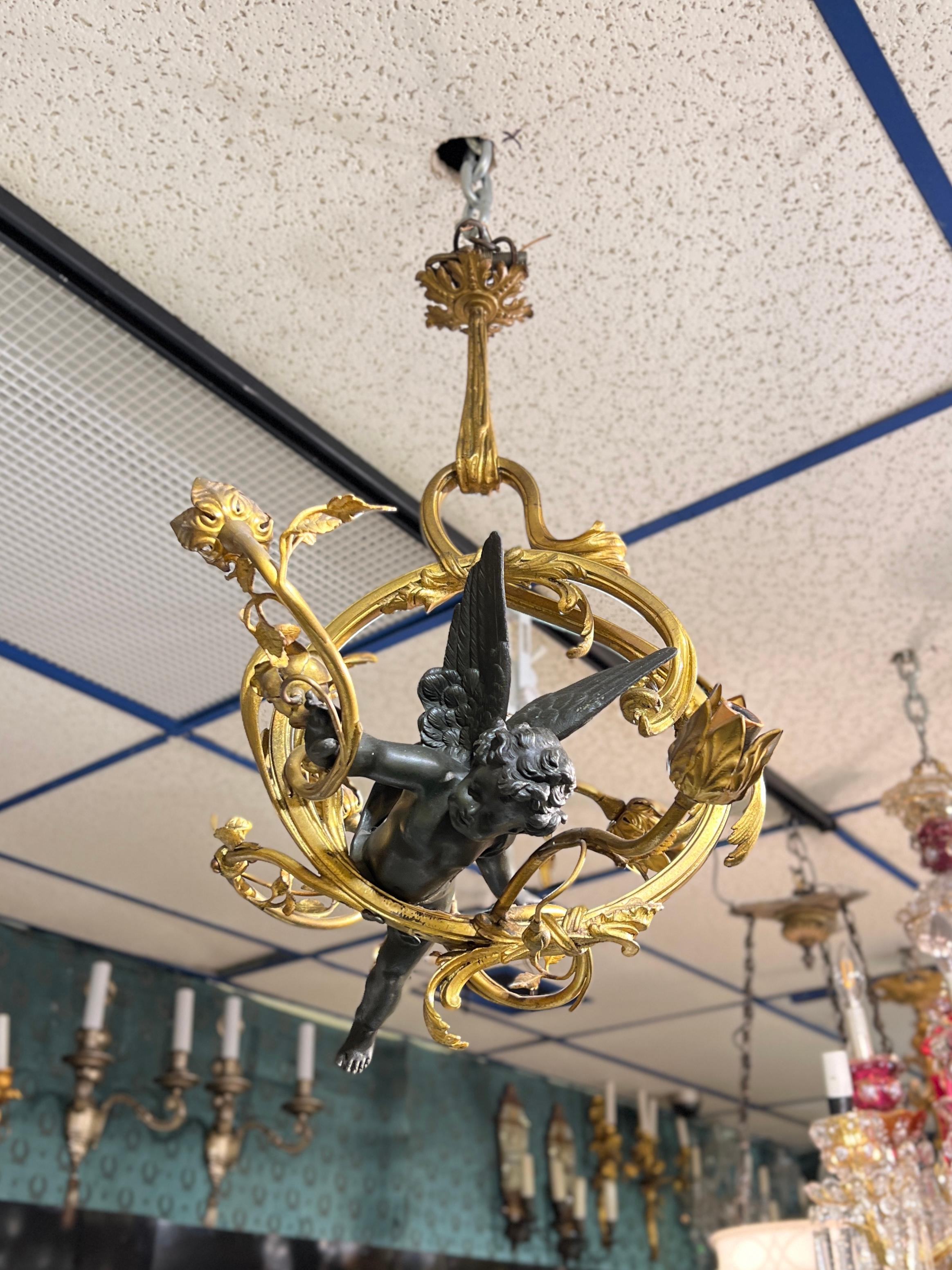 19th Century Antique Gilt and Patinated Bronze 3-Light Chandelier with Cupid Angel Cherub For Sale