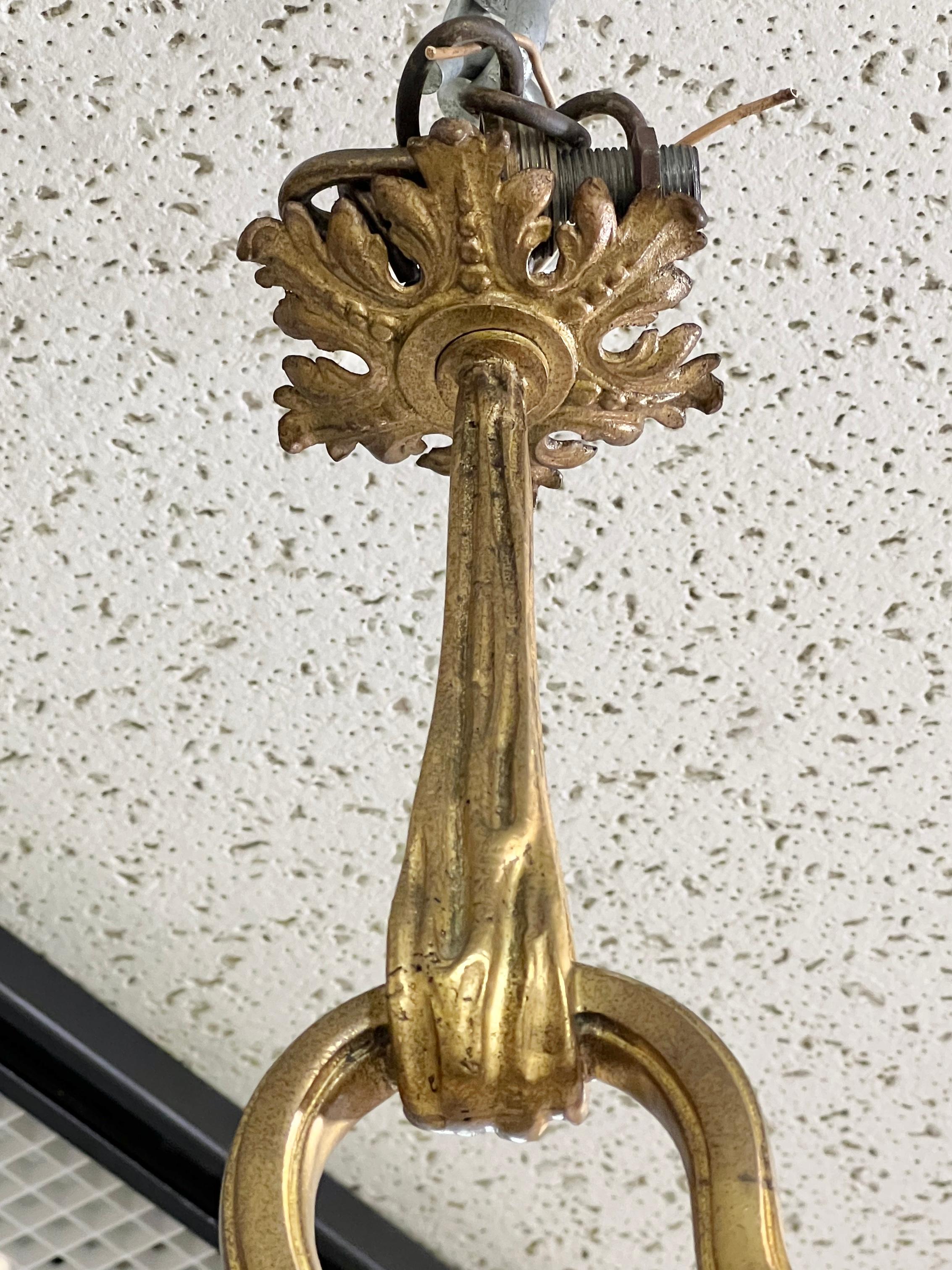 Antique Gilt and Patinated Bronze 3-Light Chandelier with Cupid Angel Cherub For Sale 1