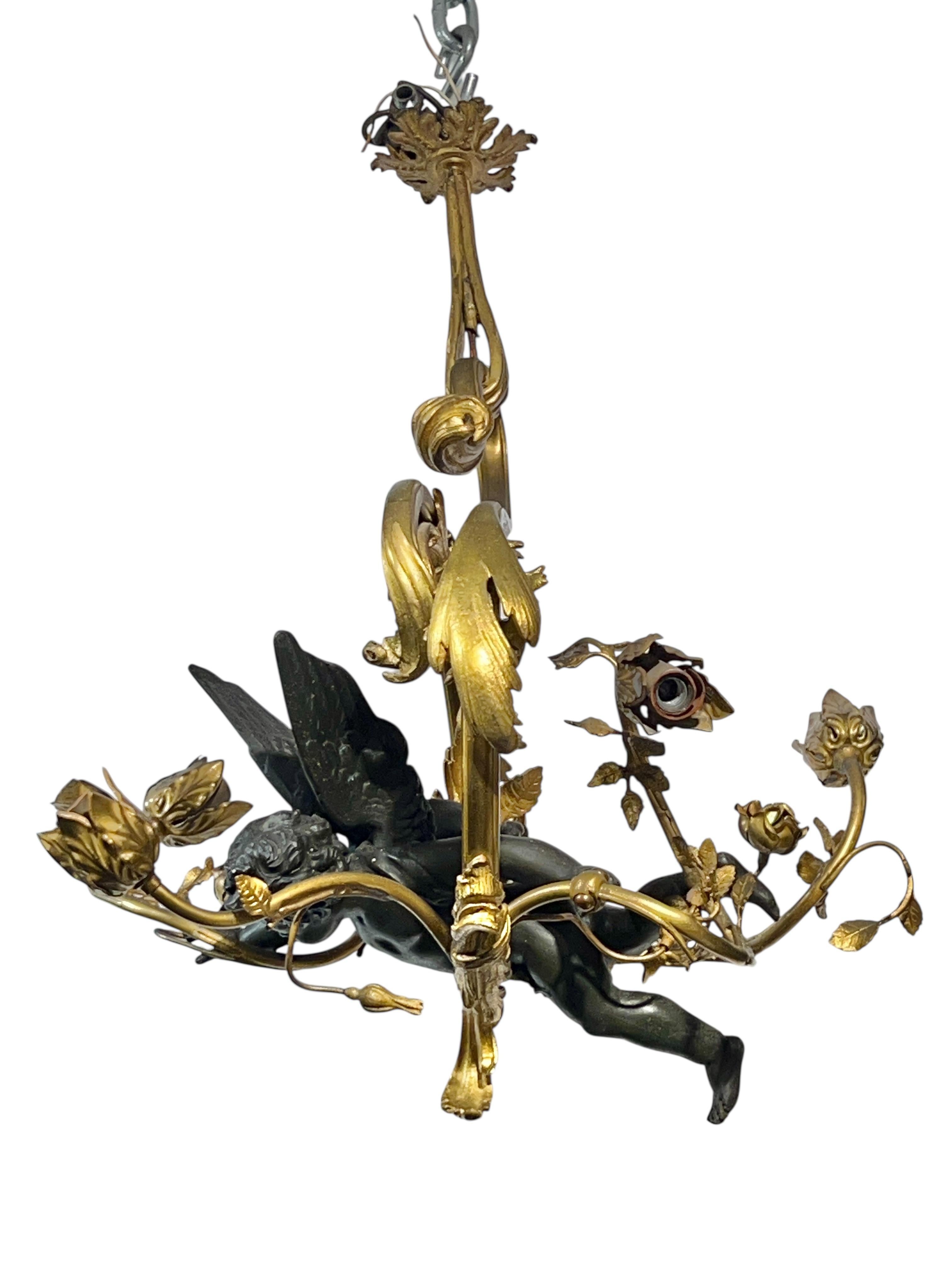 Antique Gilt and Patinated Bronze 3-Light Chandelier with Cupid Angel Cherub For Sale 2