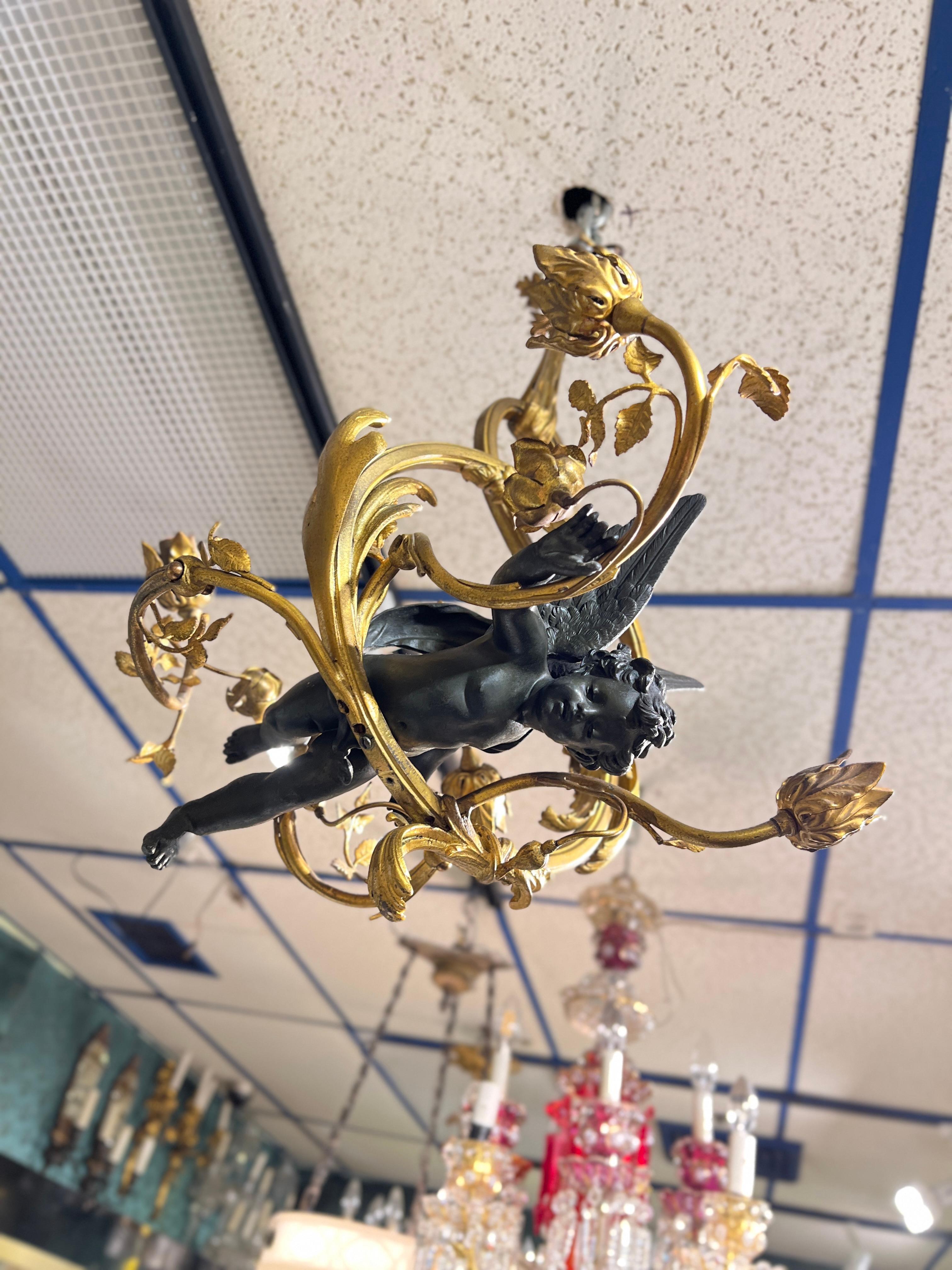Antique Gilt and Patinated Bronze 3-Light Chandelier with Cupid Angel Cherub For Sale 5