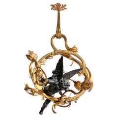 Antique Gilt and Patinated Bronze 3-Light Chandelier with Cupid Angel Cherub