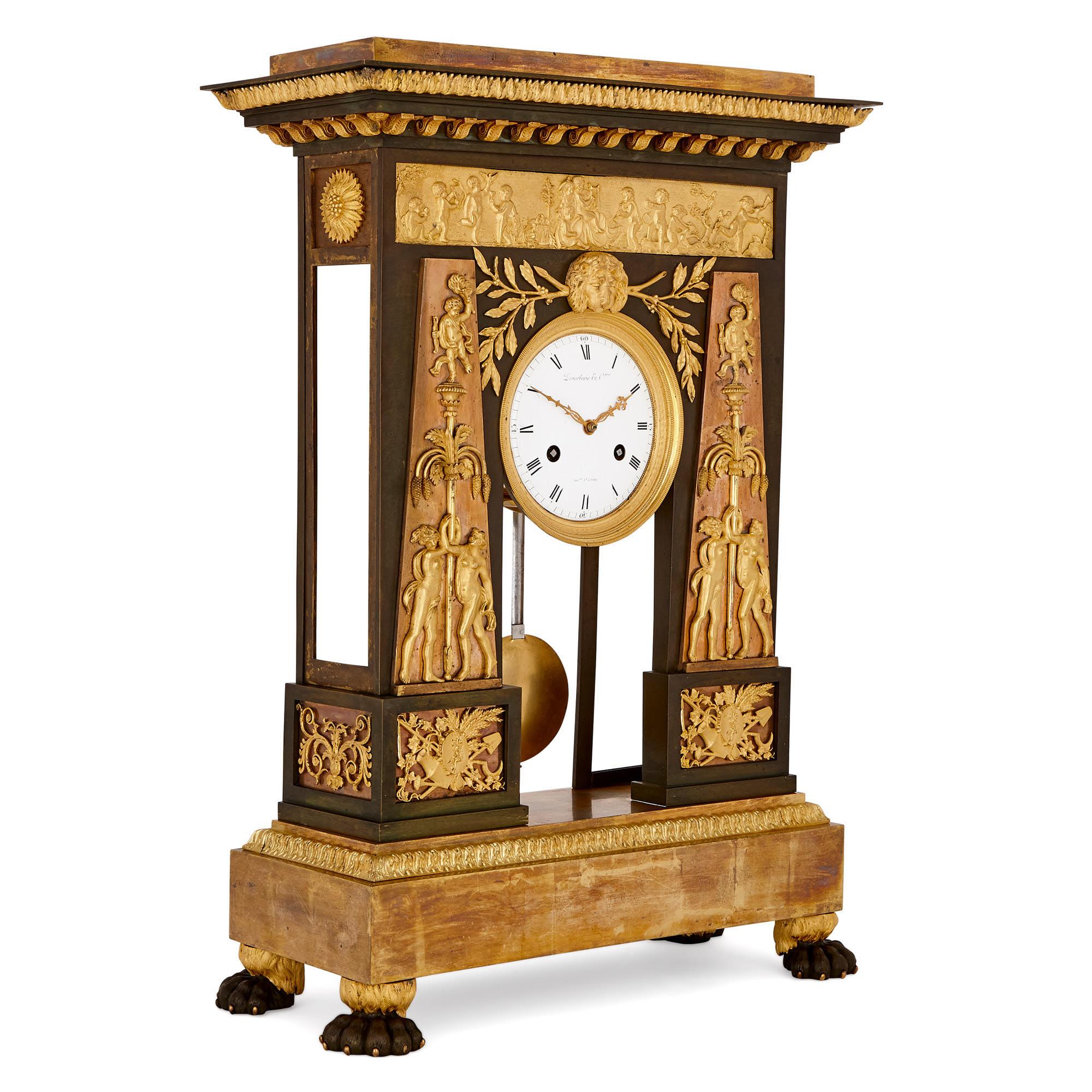 This magnificent Neoclassical style mantel clock was created by an important bronzier of the early 19th century, Jean-Simon Deverberie. The clock dates from circa 1805 when Napoleon I was Emperor of France. 

The patinated bronze clock is designed