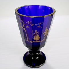 Antique Gilt Bohemian Faceted Cobalt Blue Glass Footed Tumbler or Beaker