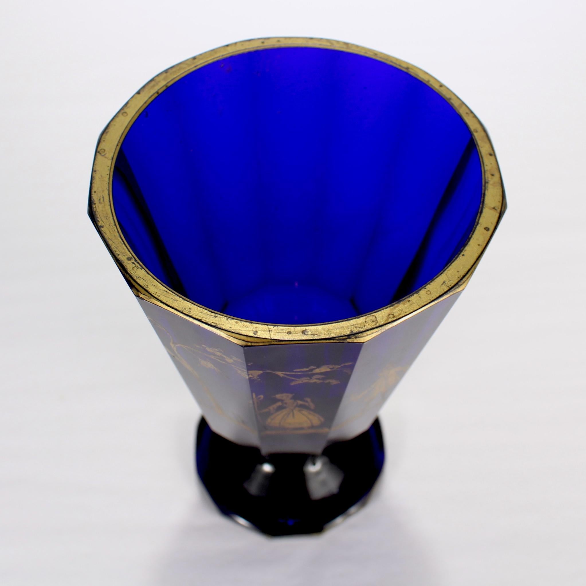 20th Century Antique Gilt Bohemian Faceted Cobalt Blue Glass Footed Tumbler or Beaker