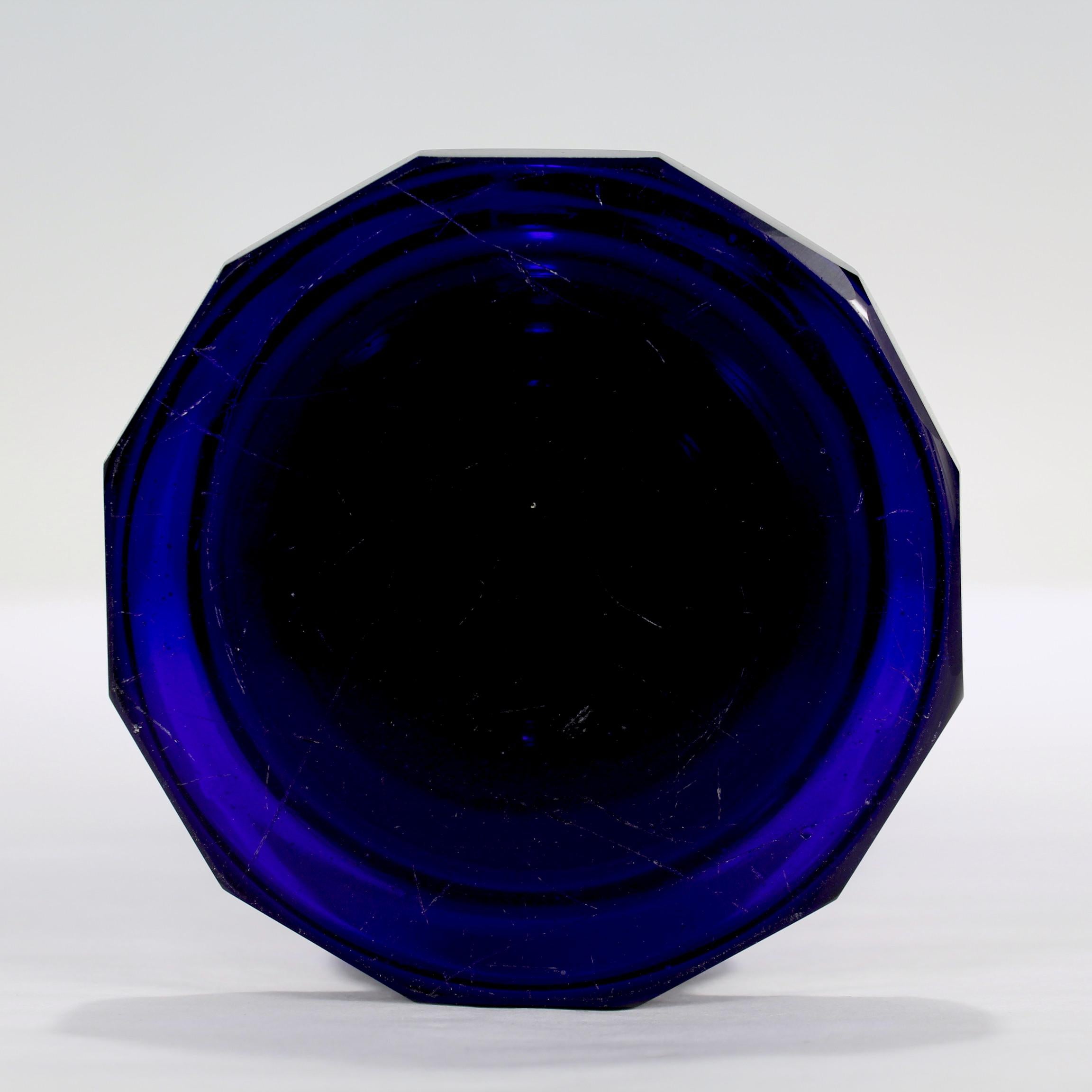 Art Glass Antique Gilt Bohemian Faceted Cobalt Blue Glass Footed Tumbler or Beaker