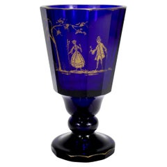 Vintage Gilt Bohemian Faceted Cobalt Blue Glass Footed Tumbler or Beaker