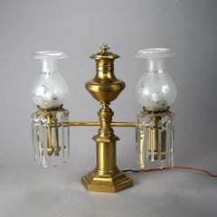 Antique Gilt Brass & Bronze Double Argand Lamp with Crystal Prisms, 19thC