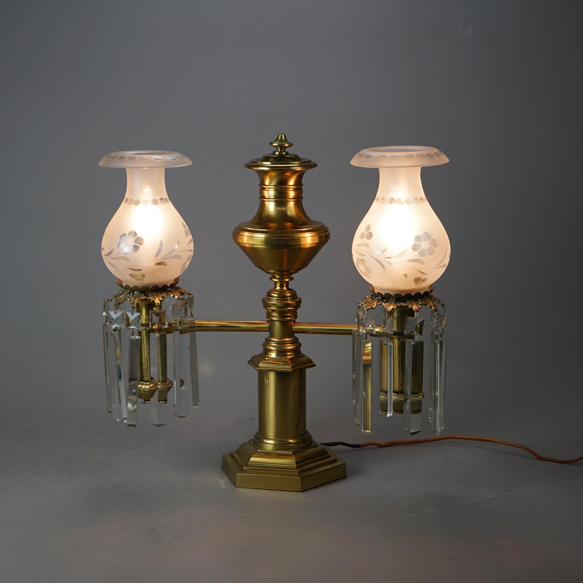 American Antique Gilt Brass & Bronze Double Argand Lamp with Crystal Prisms, 19thC