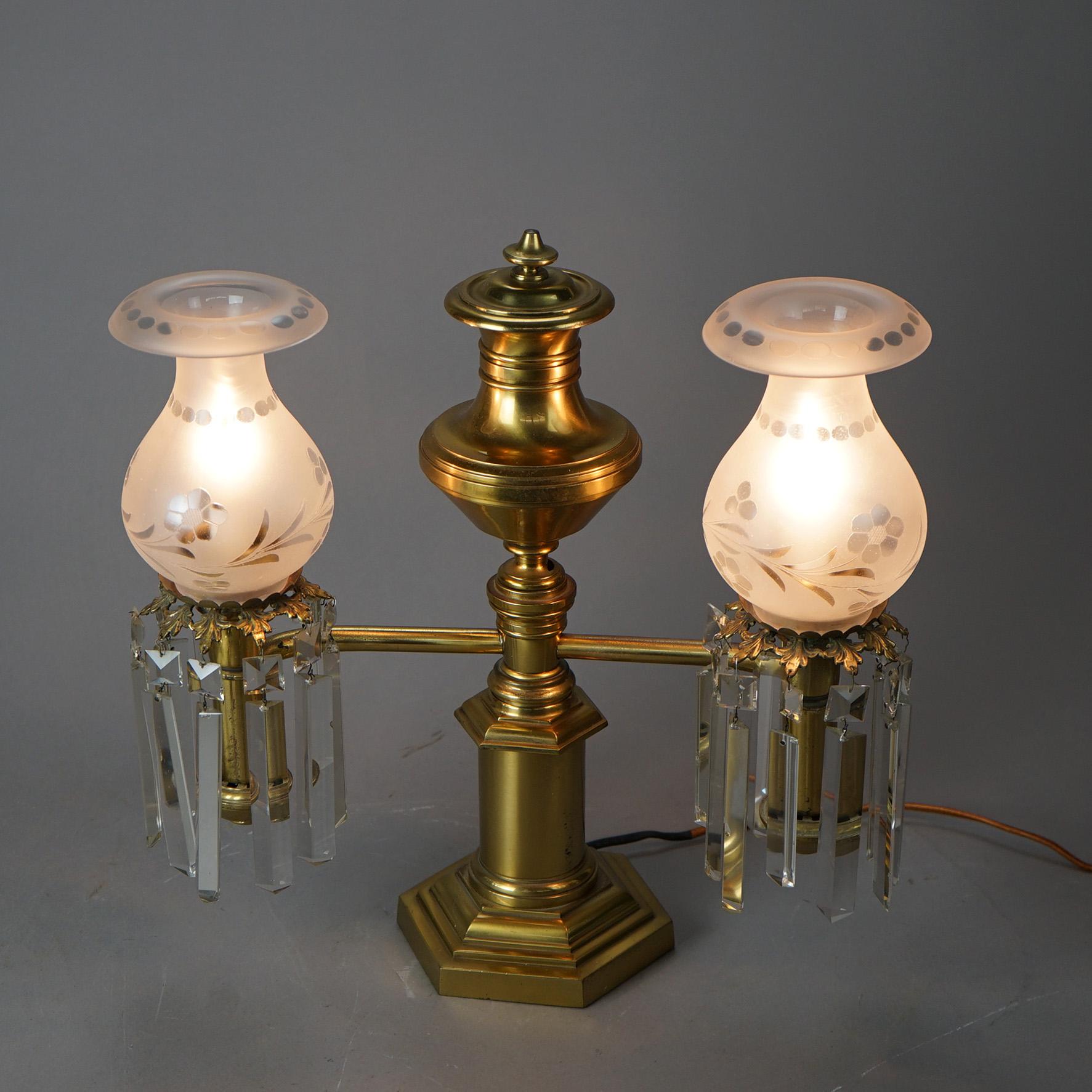 Antique Gilt Brass & Bronze Double Argand Lamp with Crystal Prisms, 19thC In Good Condition In Big Flats, NY