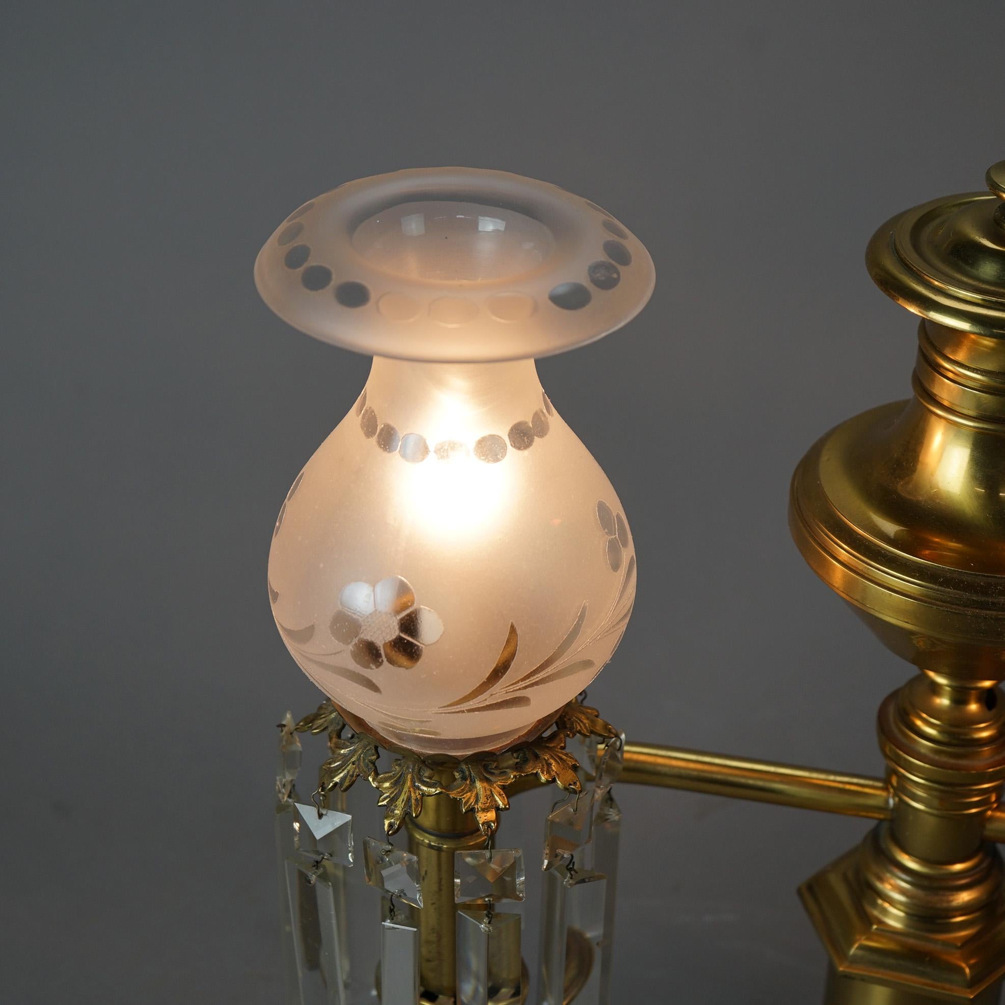19th Century Antique Gilt Brass & Bronze Double Argand Lamp with Crystal Prisms, 19thC