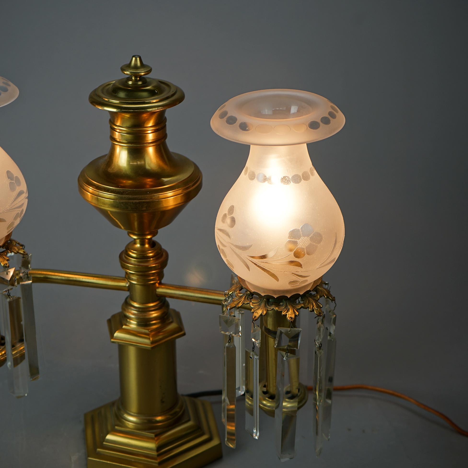 Antike Doppel-Argand-Lampe aus vergoldetem Messing und Bronze mit Kristallprismen, 19. Jahrhundert 2