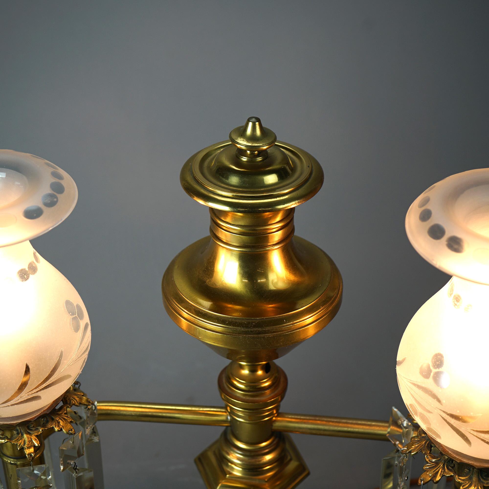 Antique Gilt Brass & Bronze Double Argand Lamp with Crystal Prisms, 19thC 2
