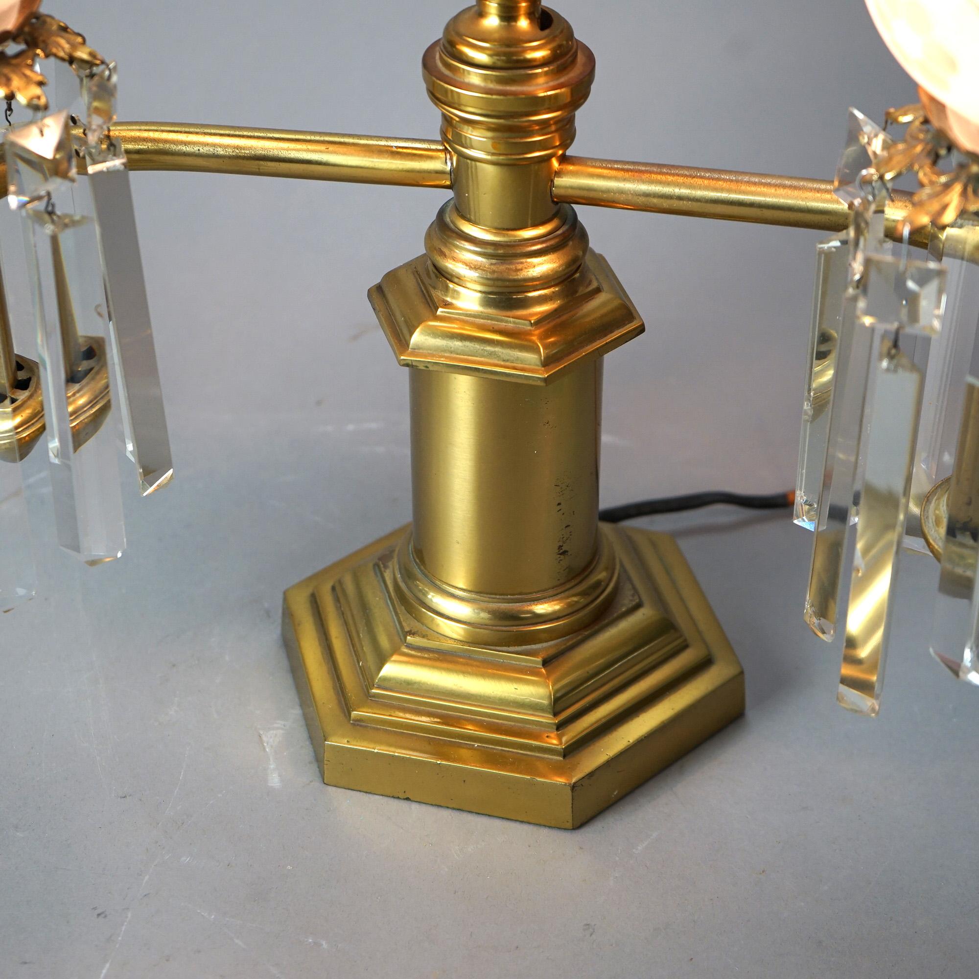 Antique Gilt Brass & Bronze Double Argand Lamp with Crystal Prisms, 19thC 3
