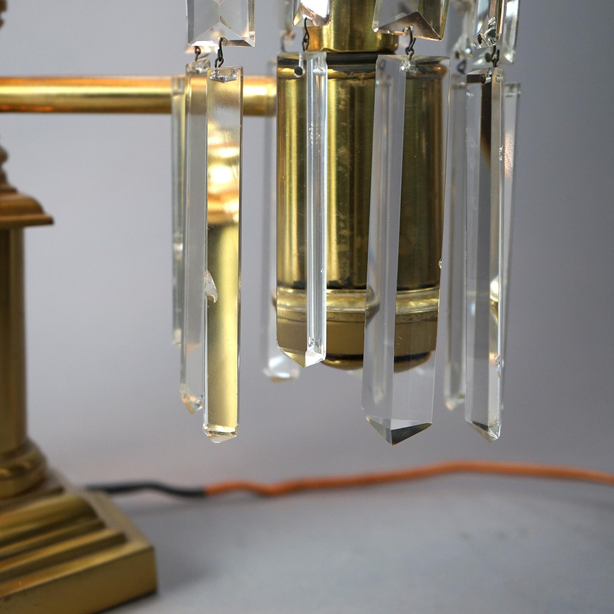Antique Gilt Brass & Bronze Double Argand Lamp with Crystal Prisms, 19thC 4