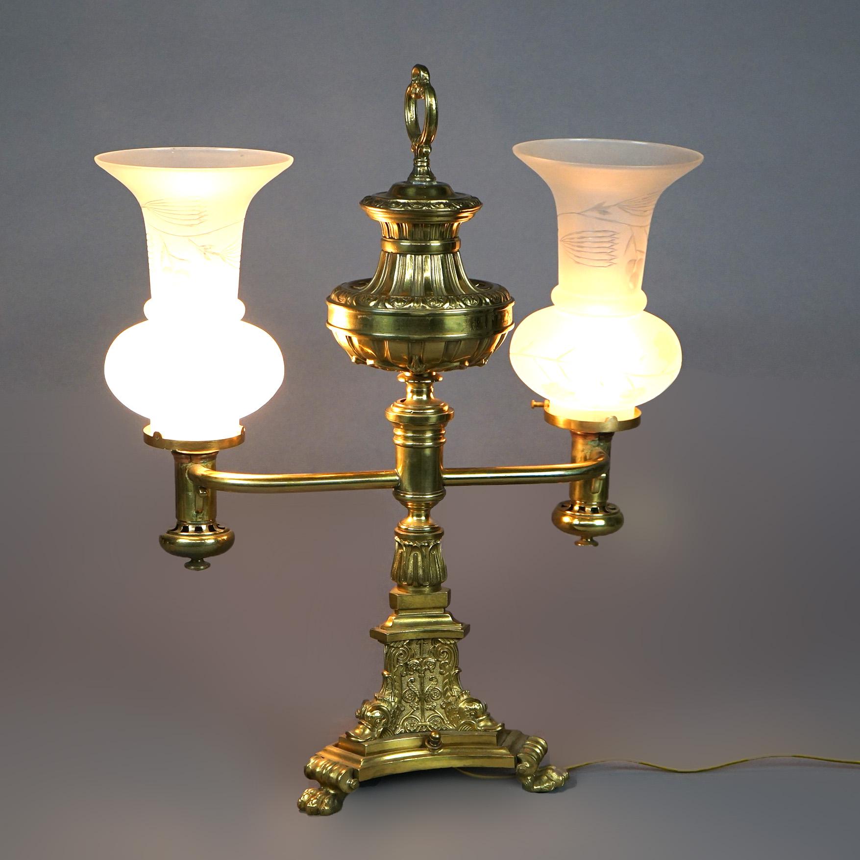 Greco Roman Antique Gilt Brass & Bronze Double Argand Lamp with Shades, circa 1820