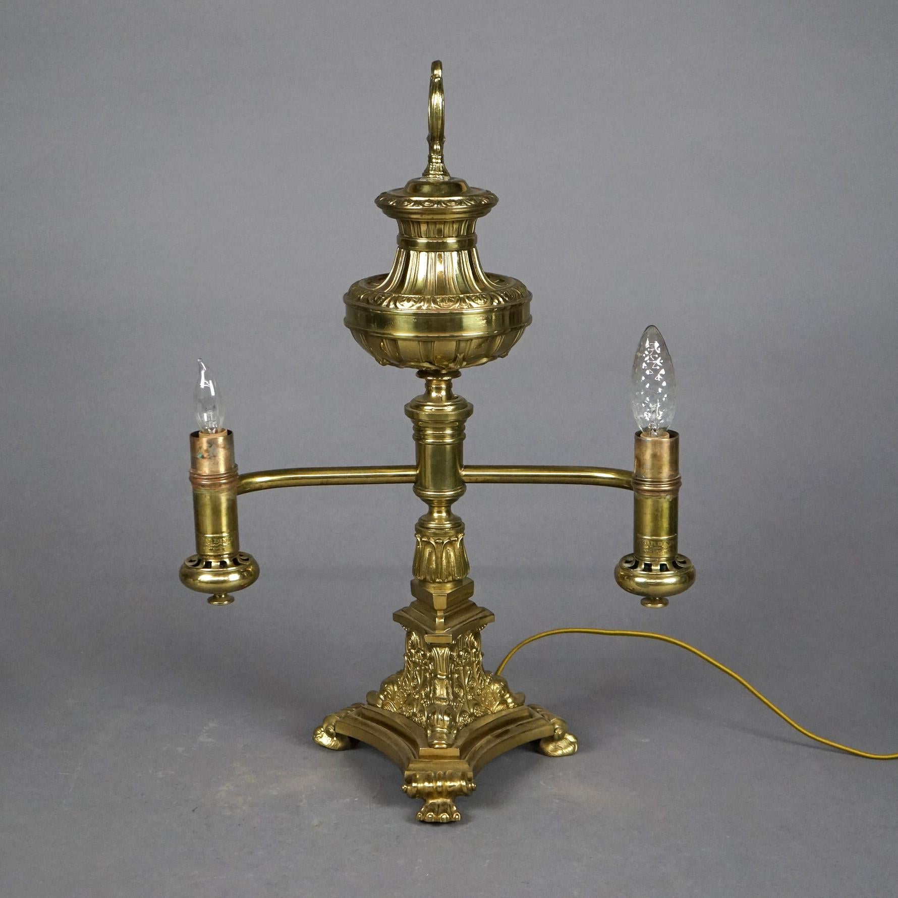 American Antique Gilt Brass & Bronze Double Argand Lamp with Shades, circa 1820