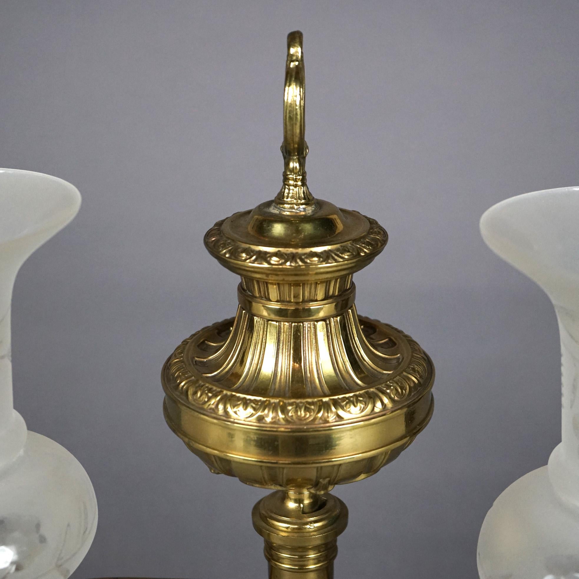 Antique Gilt Brass & Bronze Double Argand Lamp with Shades, circa 1820 In Good Condition In Big Flats, NY