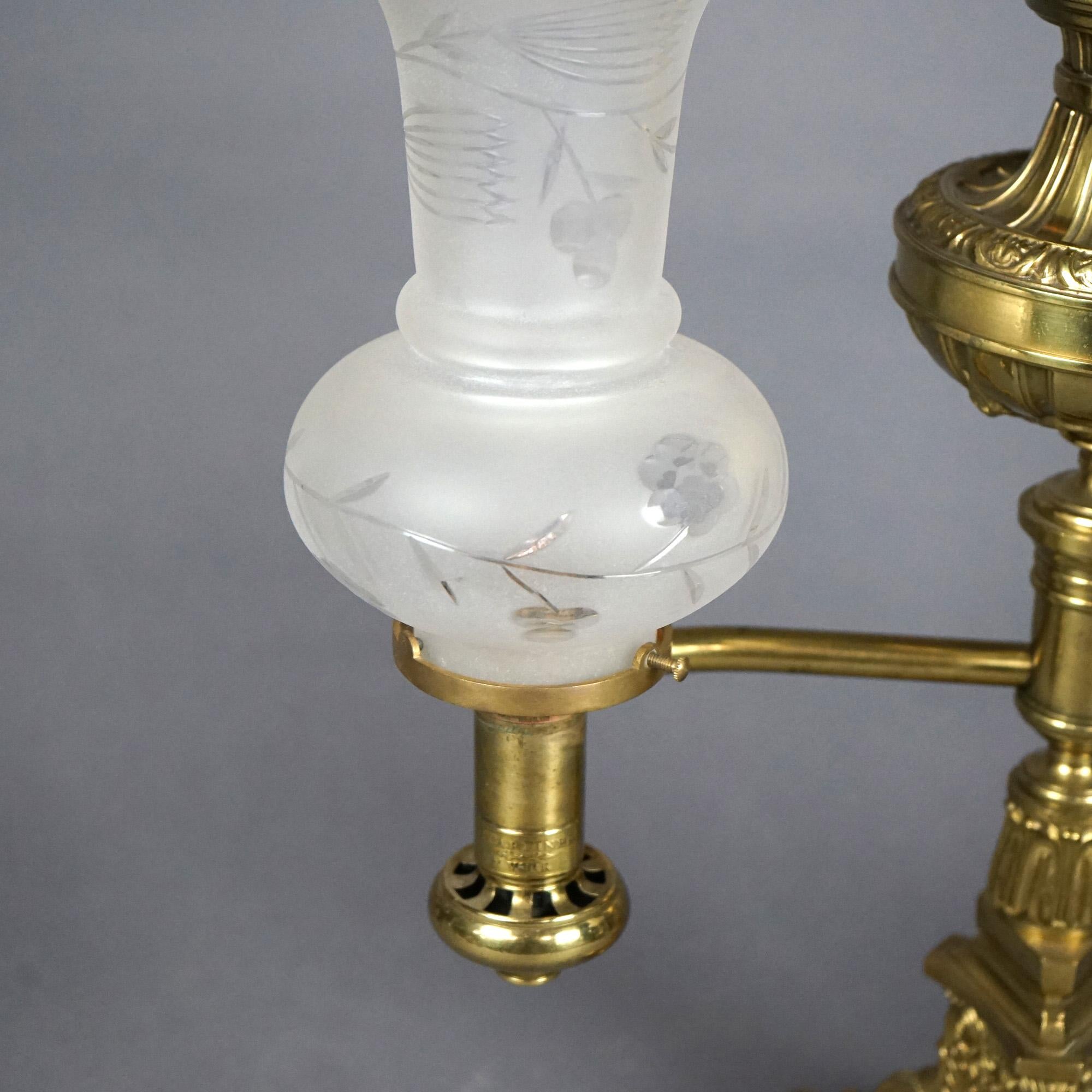 19th Century Antique Gilt Brass & Bronze Double Argand Lamp with Shades, circa 1820