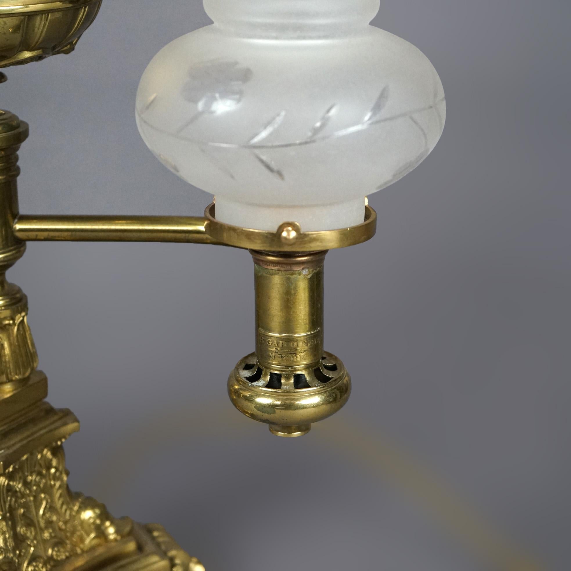 Antique Gilt Brass & Bronze Double Argand Lamp with Shades, circa 1820 1