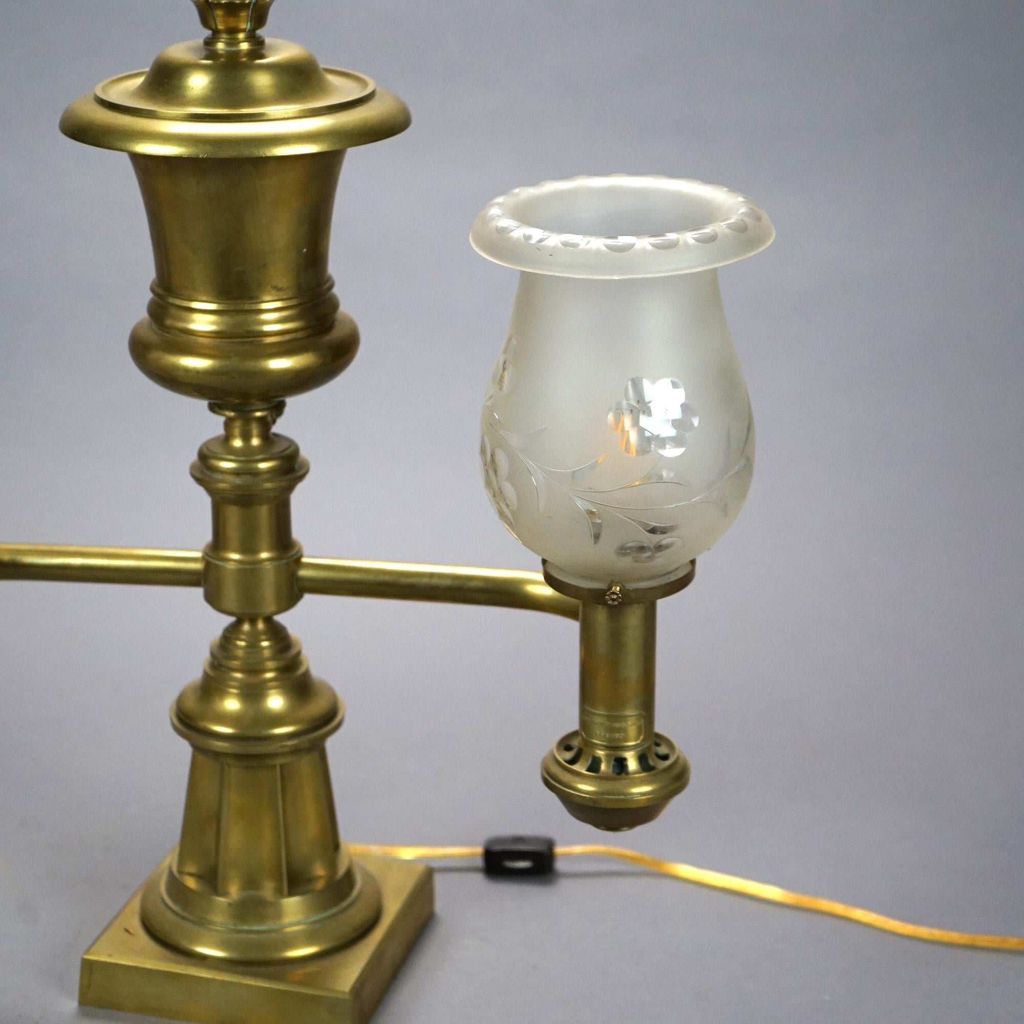 Antique Gilt Brass & Bronze Double Argand Lamp with Shades, circa 1820 In Good Condition For Sale In Big Flats, NY