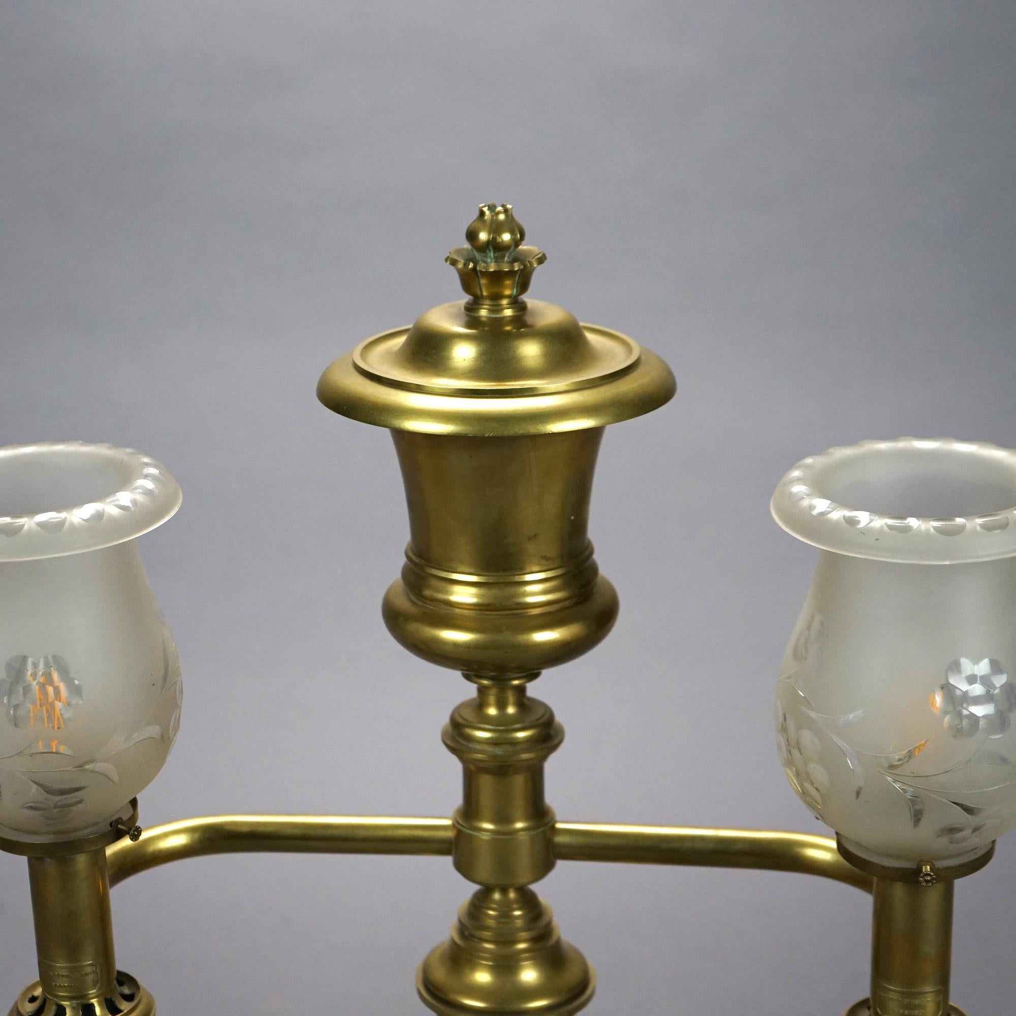 19th Century Antique Gilt Brass & Bronze Double Argand Lamp with Shades, circa 1820 For Sale