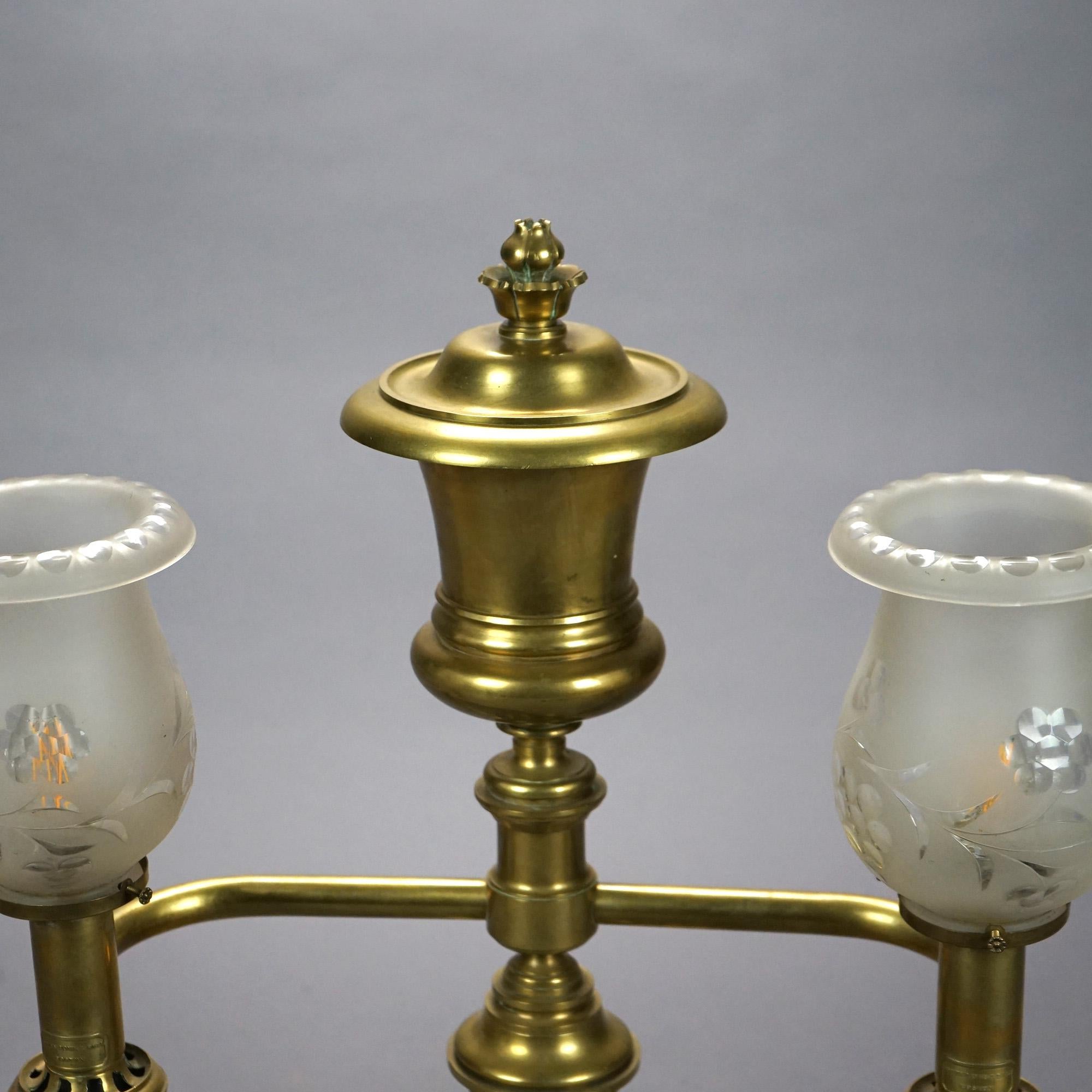 19th Century Antique Gilt Brass & Bronze Double Argand Lamp with Shades, circa 1820