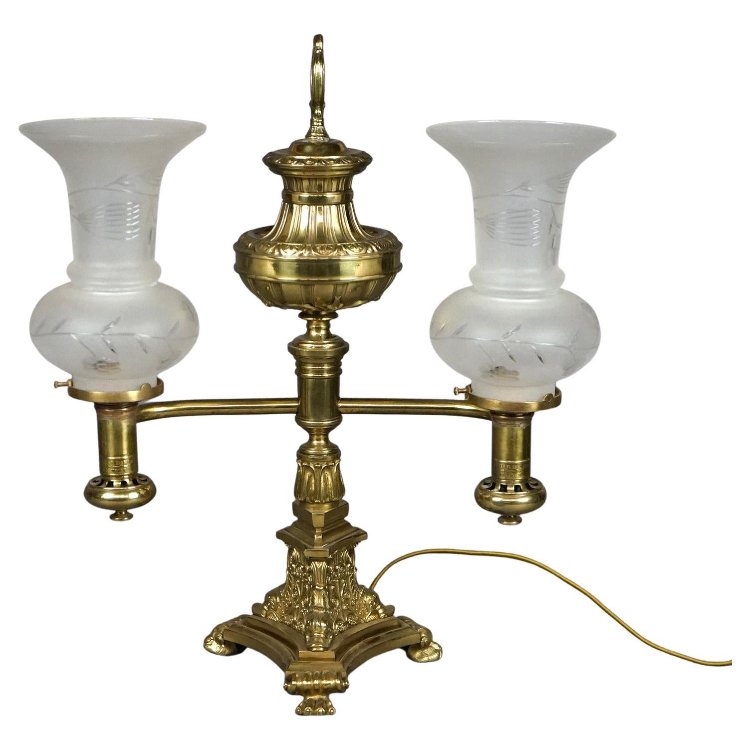 Antique Gilt Brass and Bronze Double Argand Lamp with Crystal Prisms