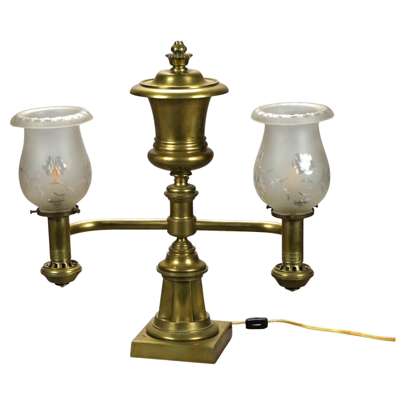 Antique Gilt Brass & Bronze Double Argand Lamp with Shades, circa 1820 For Sale