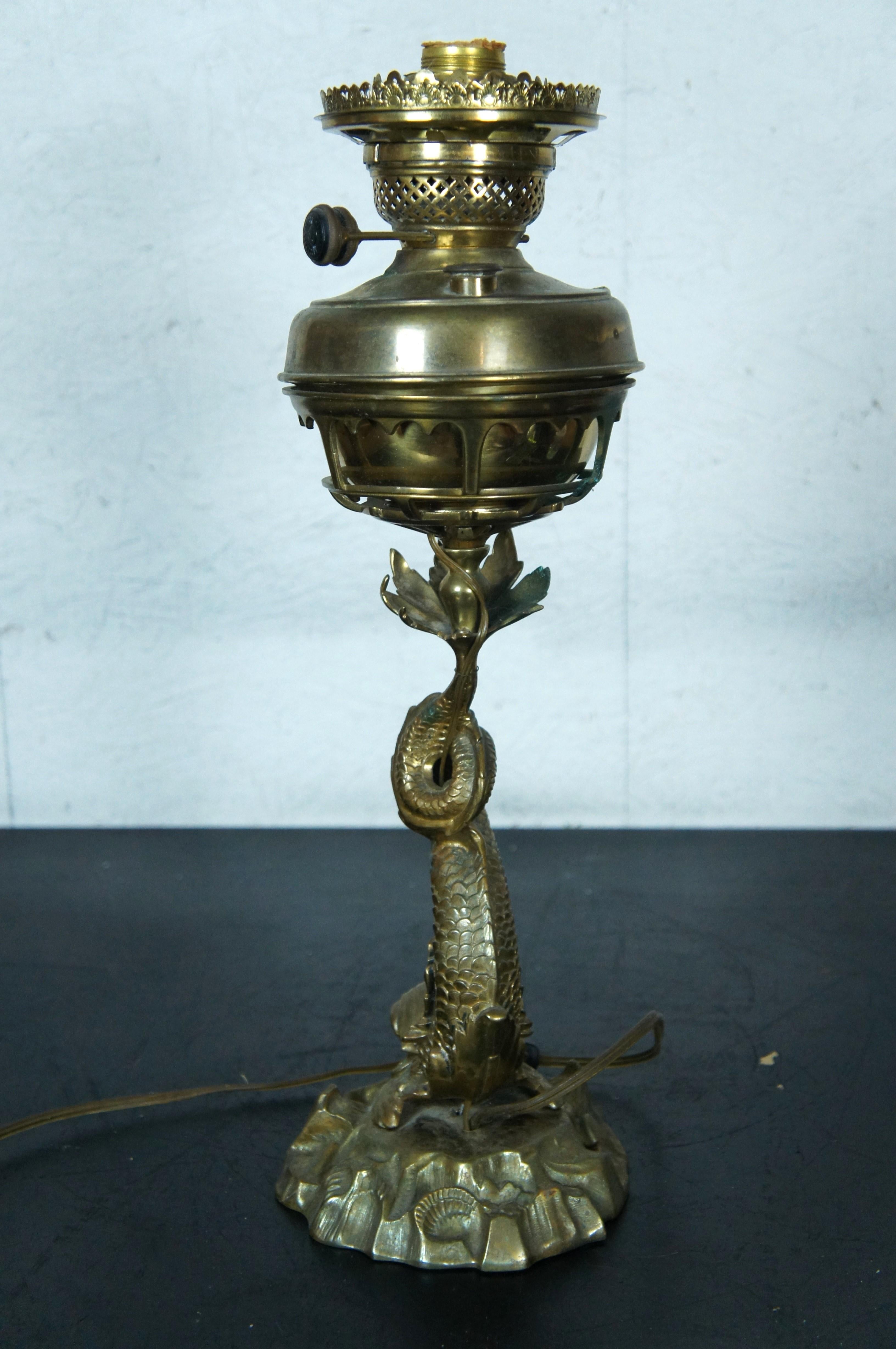 Antique Gilt Brass Figural Delphin Dolphin Converted Oil Lantern Table Lamp In Fair Condition For Sale In Dayton, OH
