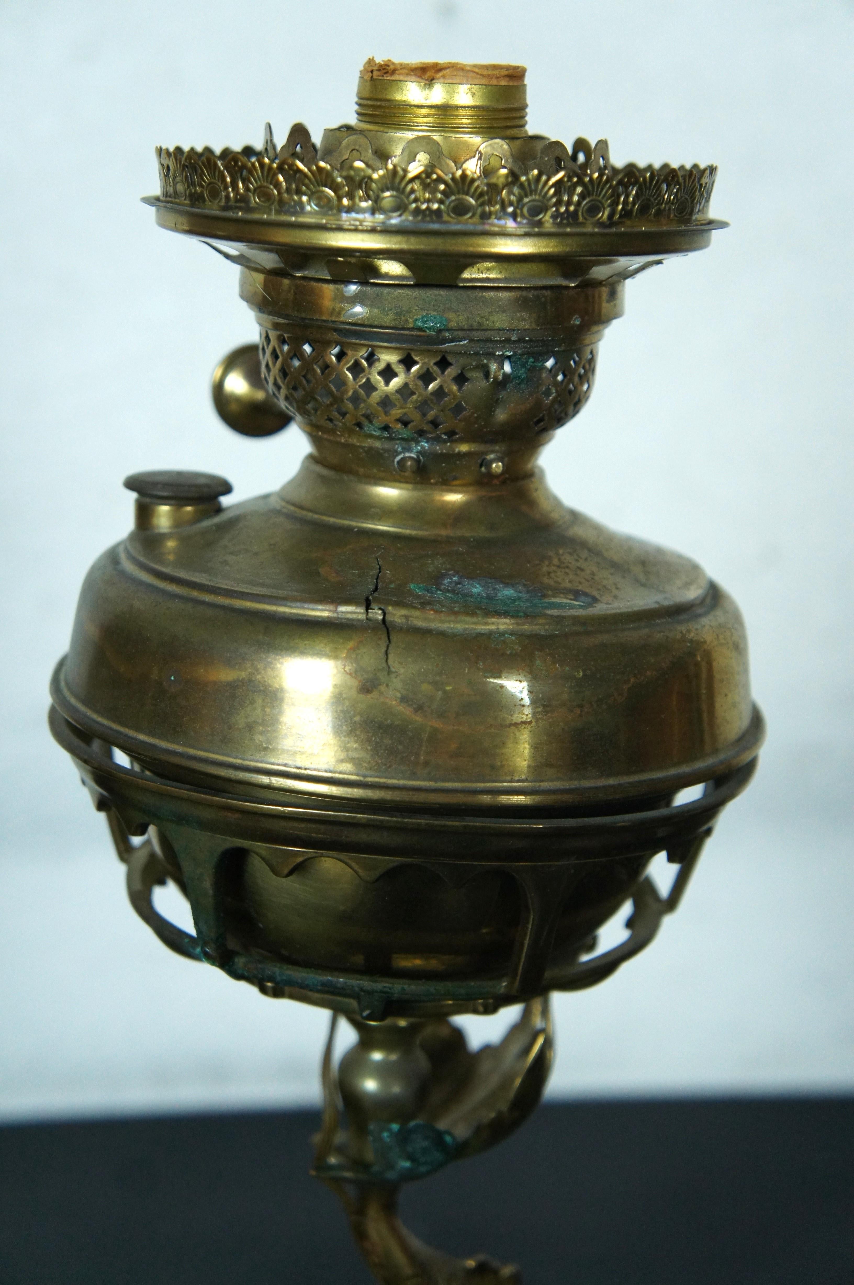 Antique Gilt Brass Figural Delphin Dolphin Converted Oil Lantern Table Lamp For Sale 2
