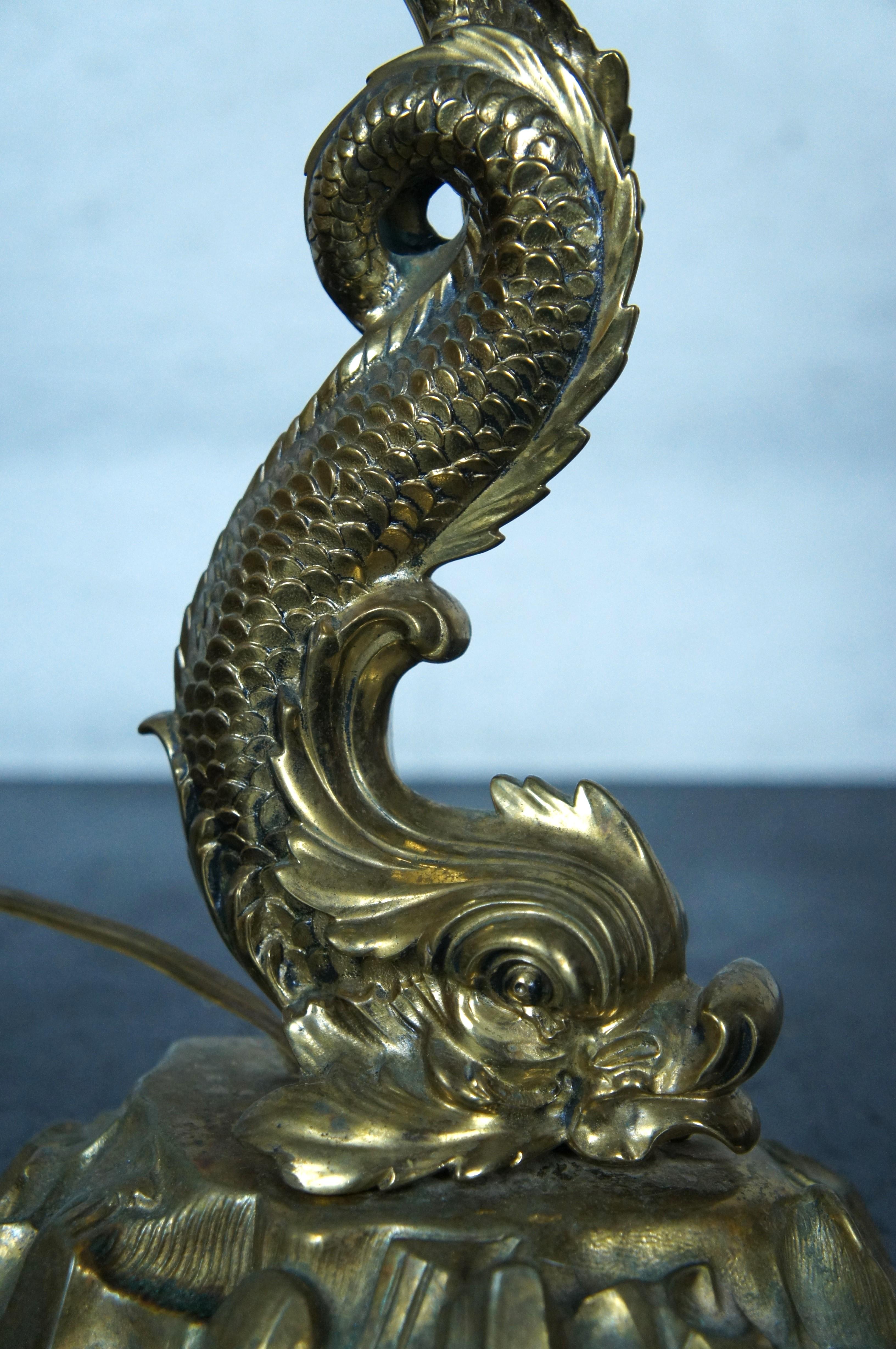 Antique Gilt Brass Figural Delphin Dolphin Converted Oil Lantern Table Lamp For Sale 3