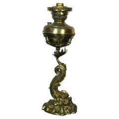 Antique Gilt Brass Figural Delphin Dolphin Converted Oil Lantern Table Lamp