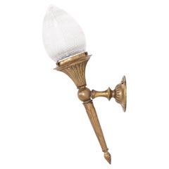 Antica lampada da parete a pigna Holophane in ottone dorato, lampada sconce c.1920
