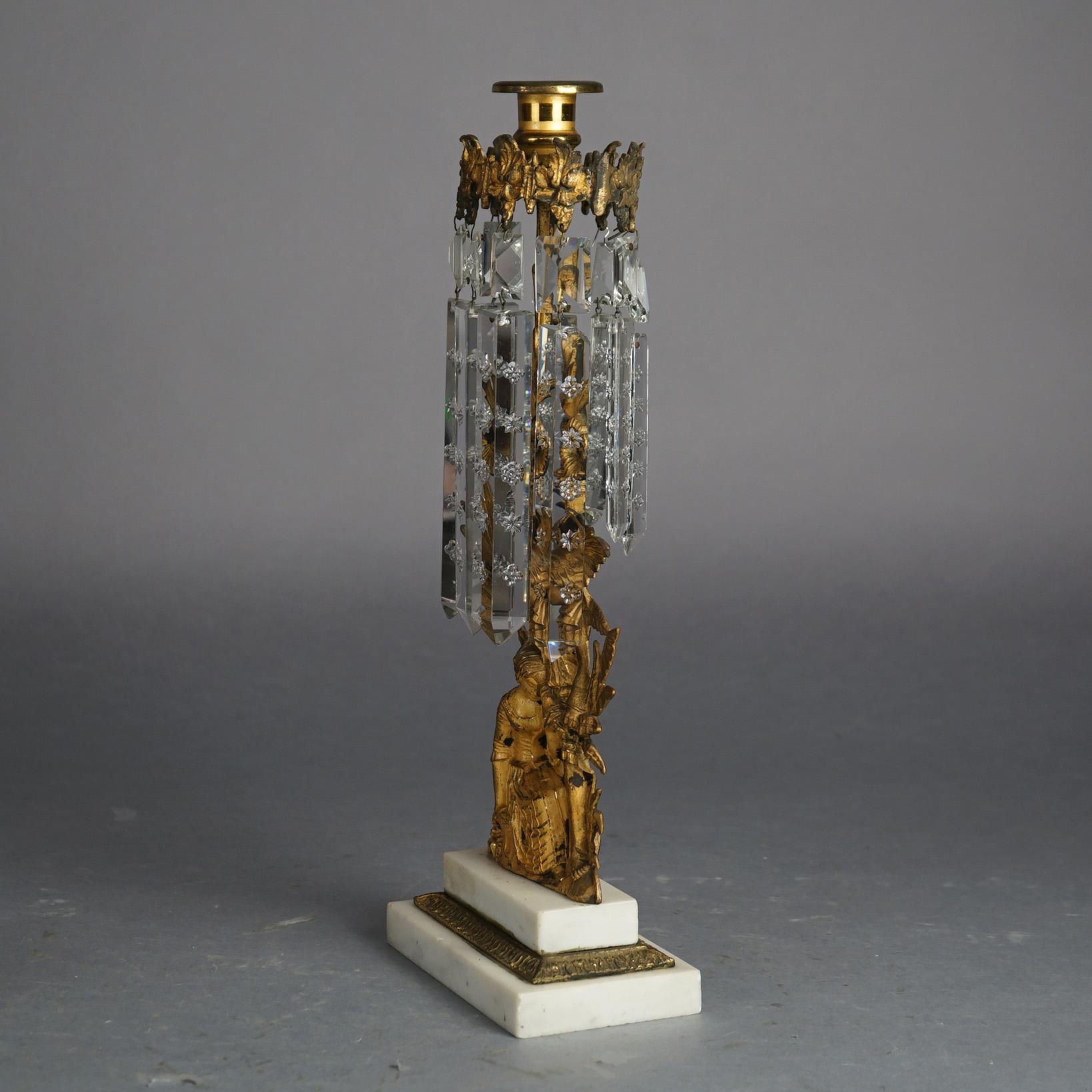 Candélabres Girandole américains anciens en bronze doré avec marbre et cristaux C1880 2