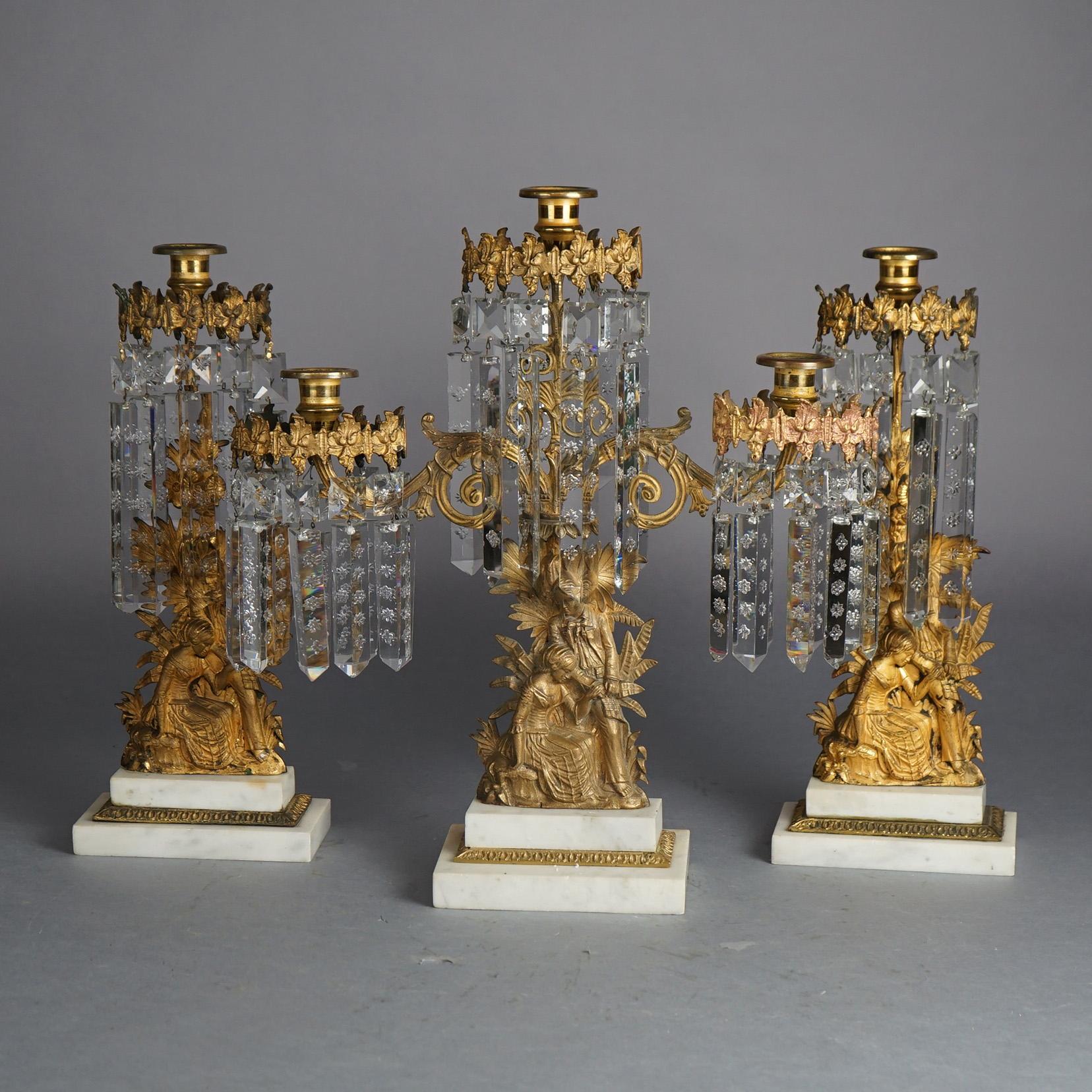 Candélabres Girandole américains anciens en bronze doré avec marbre et cristaux C1880 3