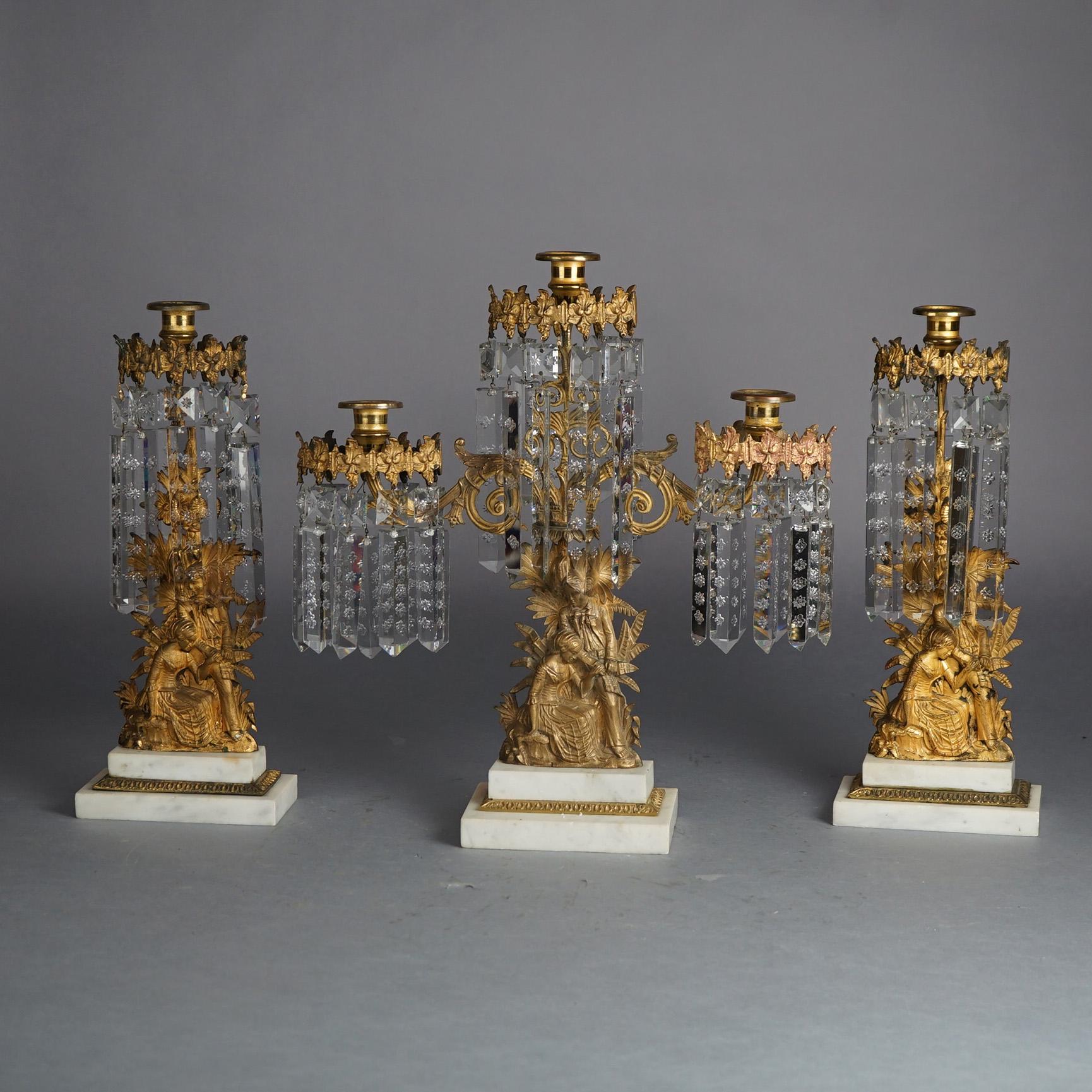 Candélabres Girandole américains anciens en bronze doré avec marbre et cristaux C1880 4