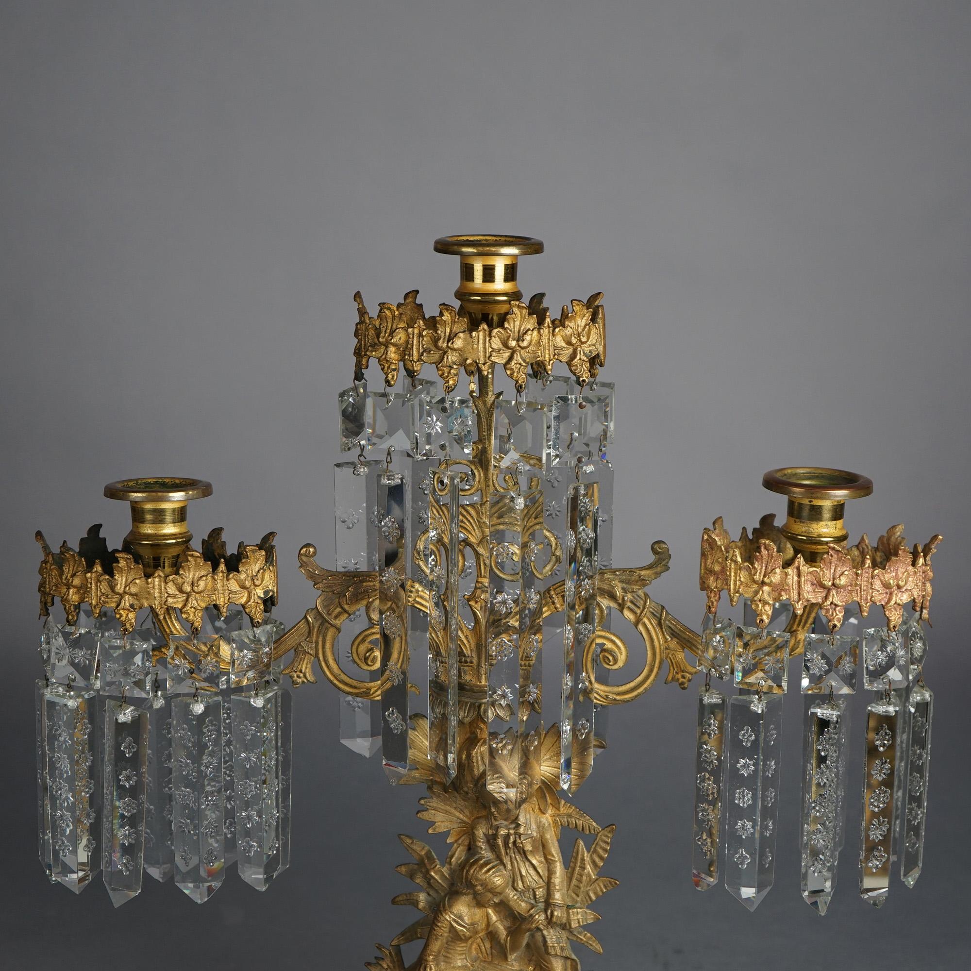 Antique Gilt Bronze American Girandole Candelabras with Marble & Crystals C1880 For Sale 8