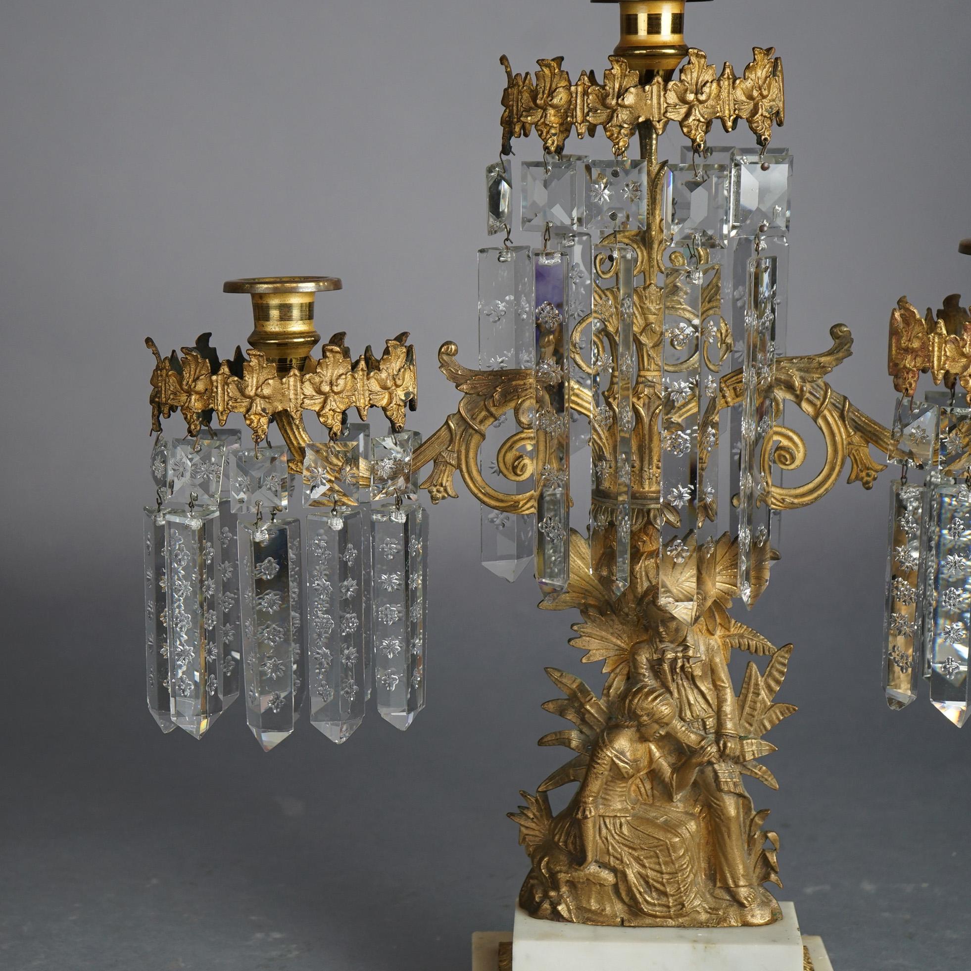Antique Gilt Bronze American Girandole Candelabras with Marble & Crystals C1880 For Sale 9
