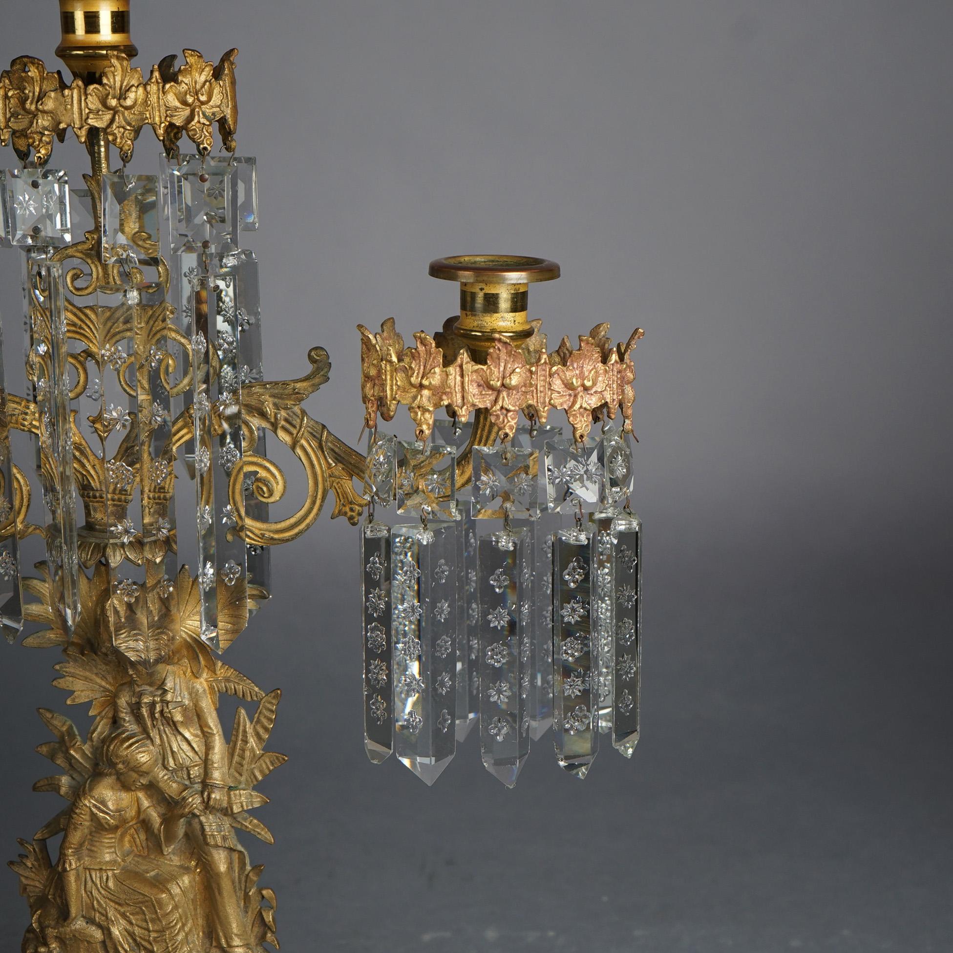 Candélabres Girandole américains anciens en bronze doré avec marbre et cristaux C1880 7