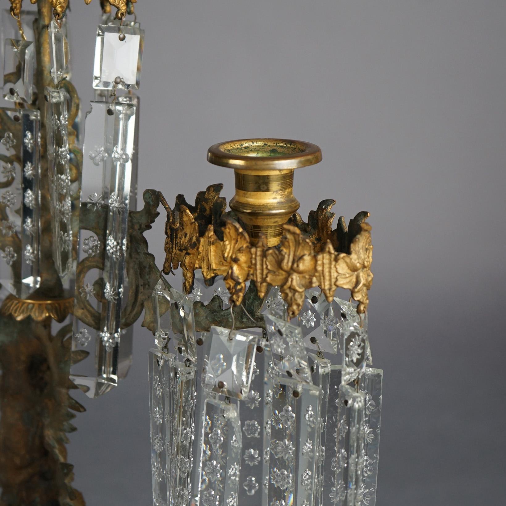 Candélabres Girandole américains anciens en bronze doré avec marbre et cristaux C1880 8