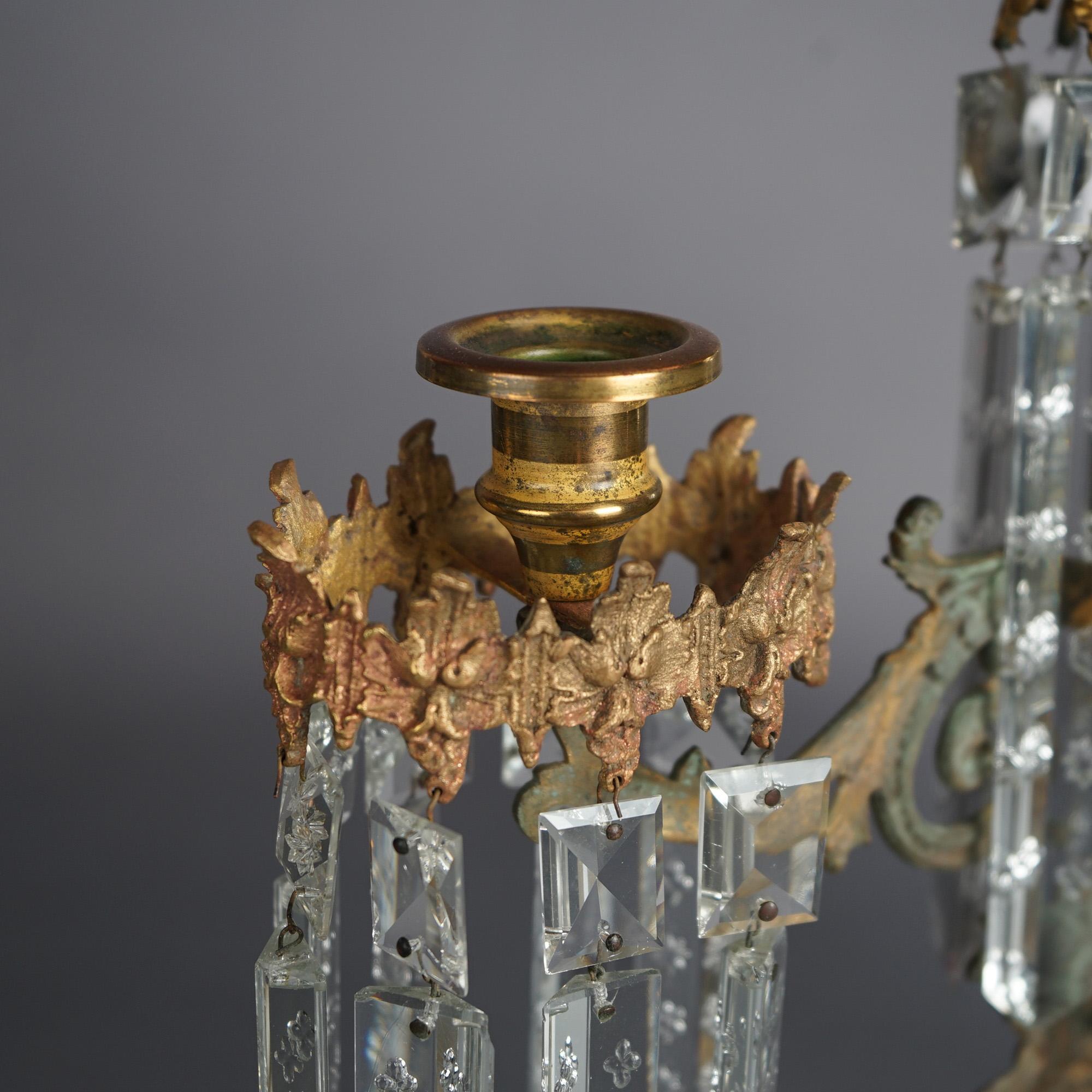 Antike amerikanische Girandolen-Kandelaber aus vergoldeter Bronze mit Marmor und Kristallen, um 1880 11