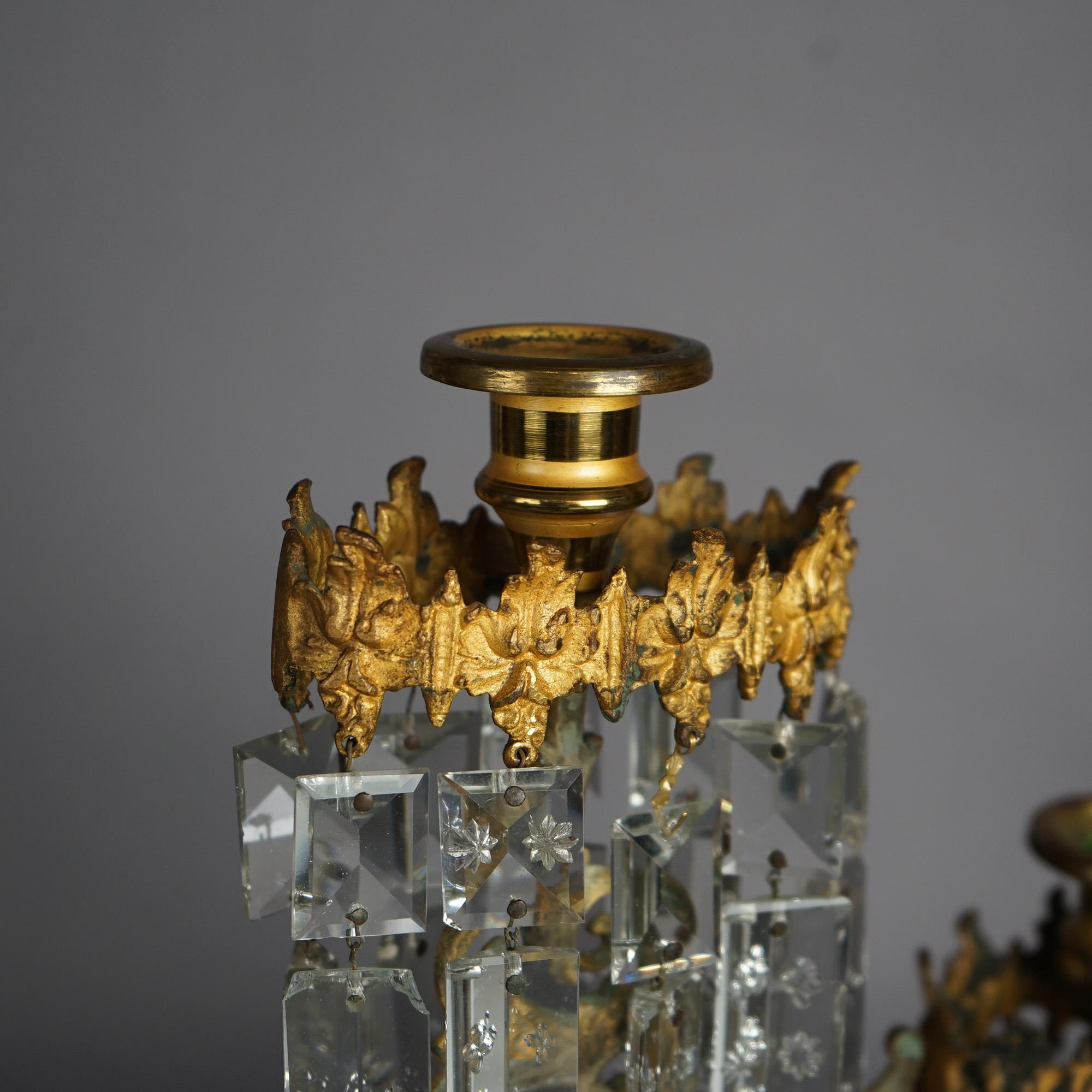 Antike amerikanische Girandolen-Kandelaber aus vergoldeter Bronze mit Marmor und Kristallen, um 1880 12