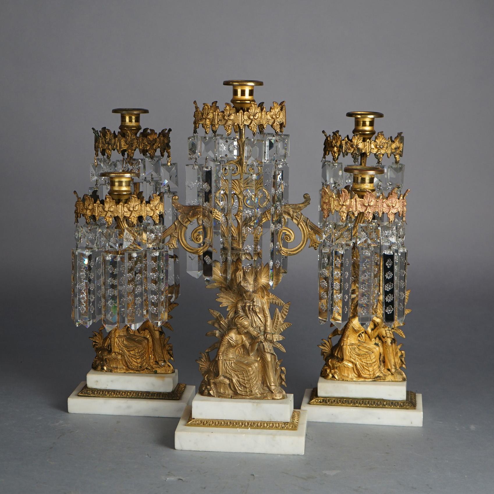 Victorian Antique Gilt Bronze American Girandole Candelabras with Marble & Crystals C1880 For Sale