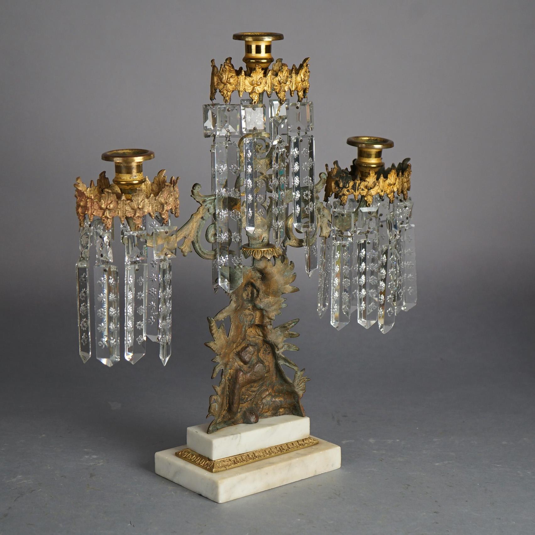 Antique Gilt Bronze American Girandole Candelabras with Marble & Crystals C1880 In Good Condition For Sale In Big Flats, NY