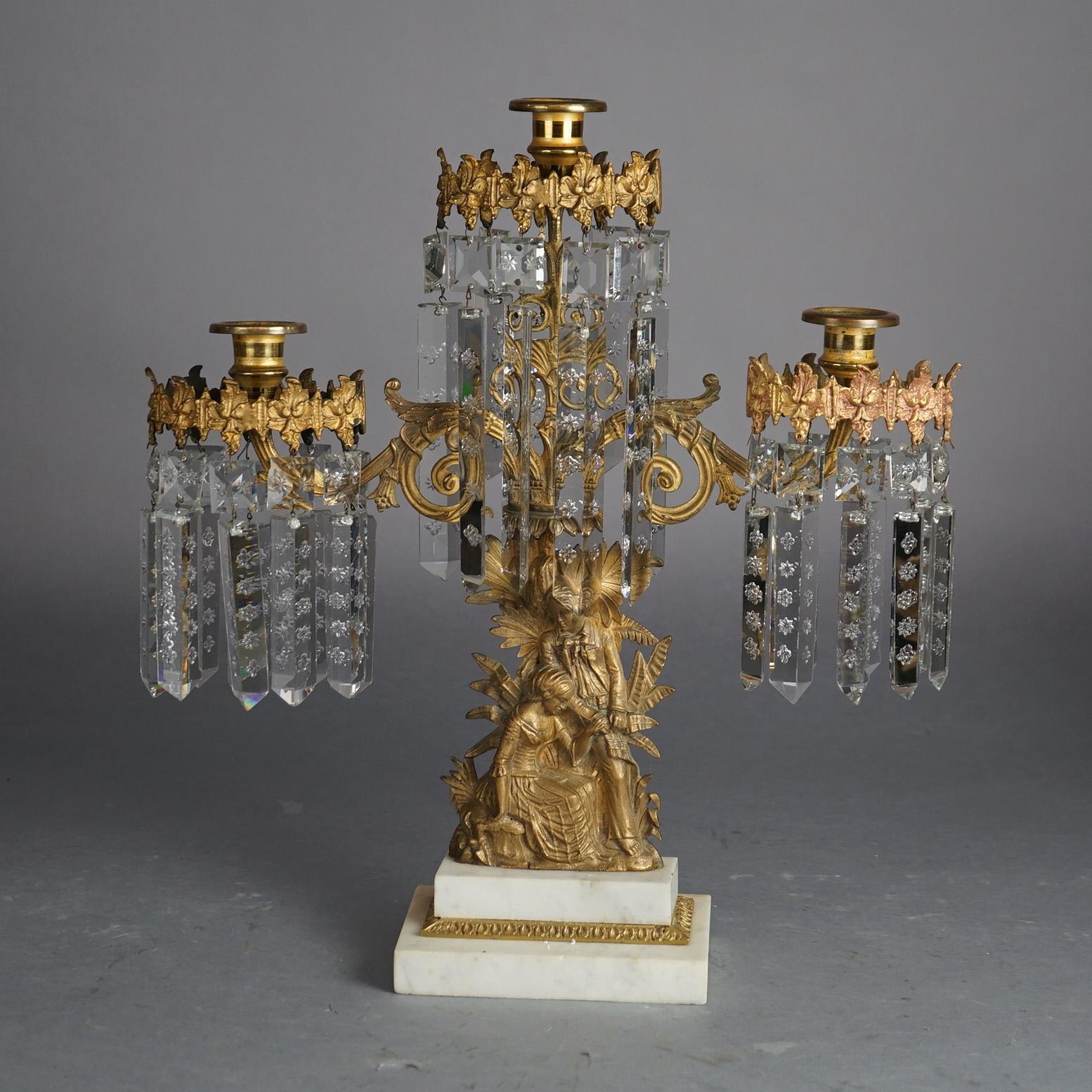 Doré Candélabres Girandole américains anciens en bronze doré avec marbre et cristaux C1880