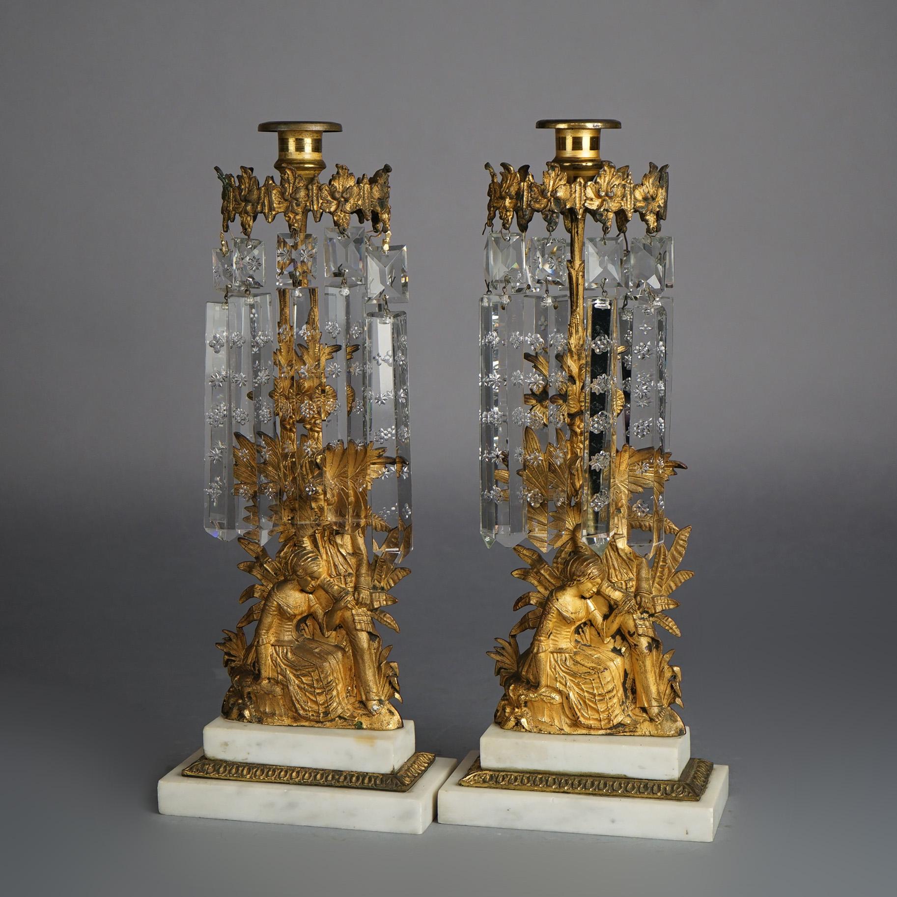 Candélabres Girandole américains anciens en bronze doré avec marbre et cristaux C1880 Bon état à Big Flats, NY