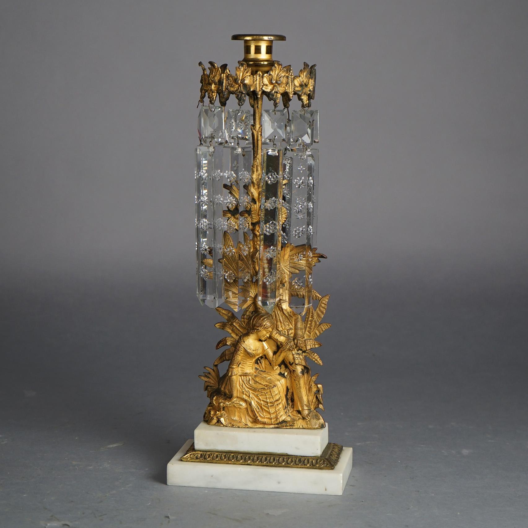 Bronze Candélabres Girandole américains anciens en bronze doré avec marbre et cristaux C1880