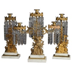 Antique Gilt Bronze American Girandole Candelabras with Marble & Crystals C1880
